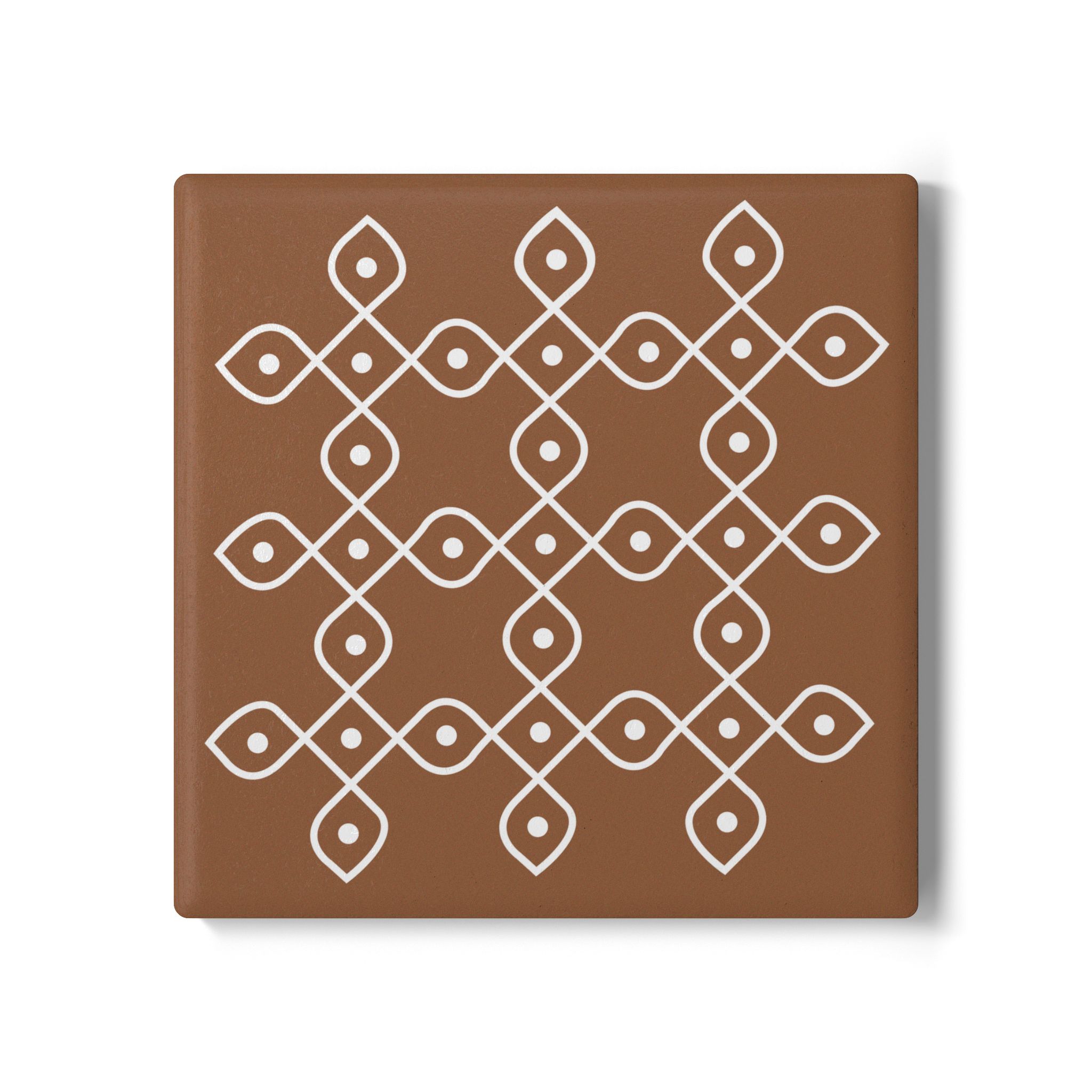 Ceramic Coaster - Brown Geometric Kolam Design | Decorative Drink Coaster - Image 2