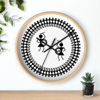 Warli Indian Folk Art 10 inch Wall Clock — Black & White Tribal Dance