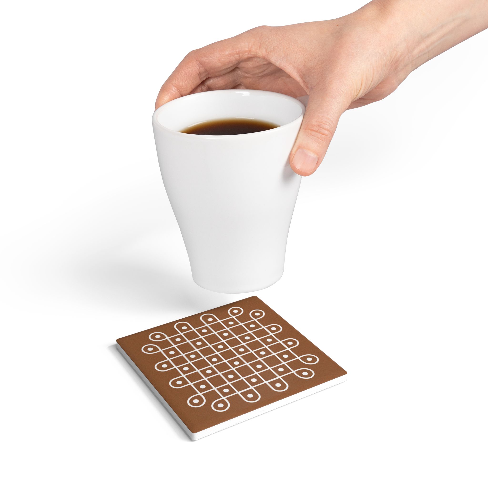 Brown Ceramic Coaster with White Geometric Kolam Design - Image 4