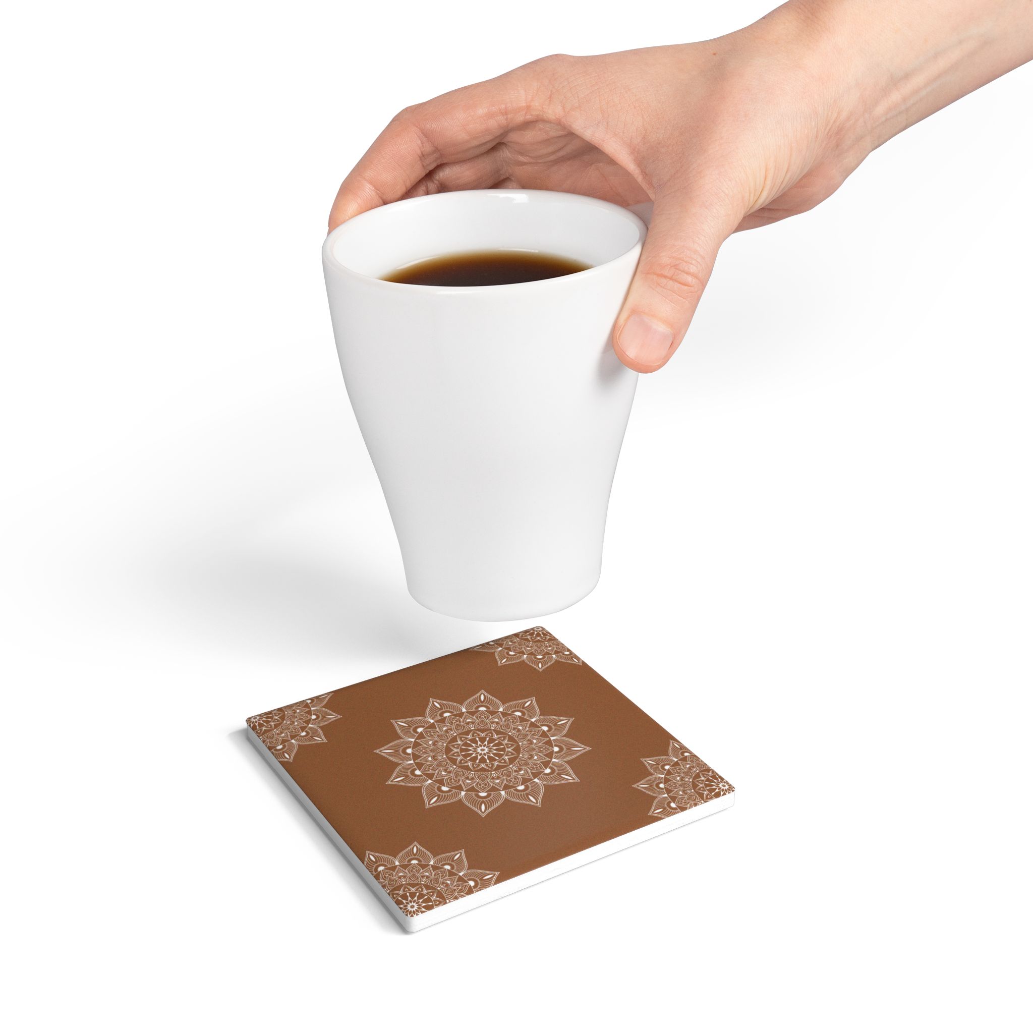 Mandala Ceramic Coaster - Terracotta Base Color Drink Coaster, Decorative Cork-Backed Tile - Image 4