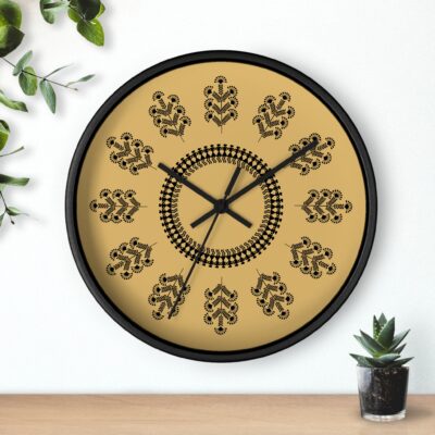 Warli Floral Pattern Wall Clock — Indian Tribal Folk Art Mustard Decorative Clock (10" Diameter)