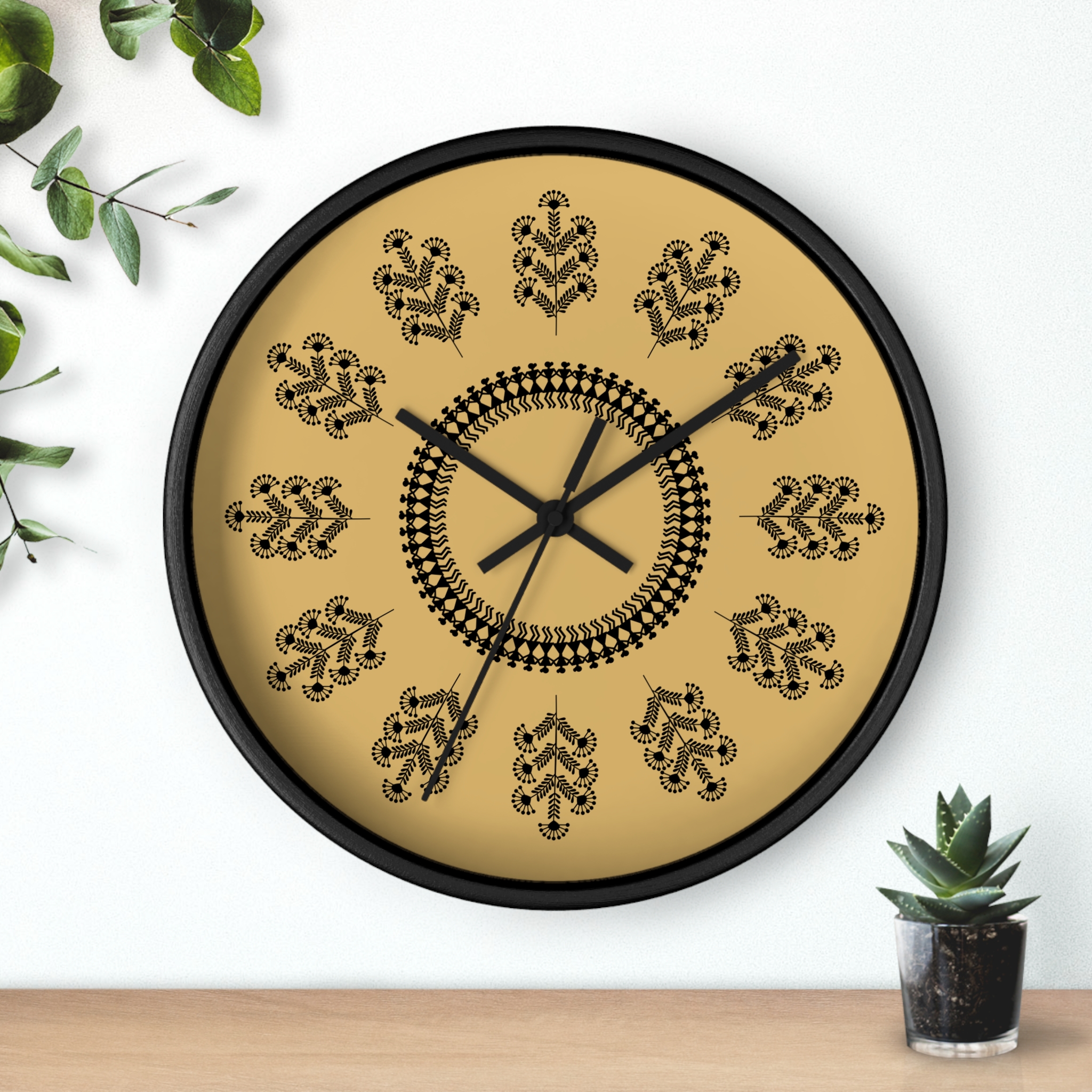Warli Floral Pattern Wall Clock — Indian Tribal Folk Art Mustard Decorative Clock (10" Diameter)