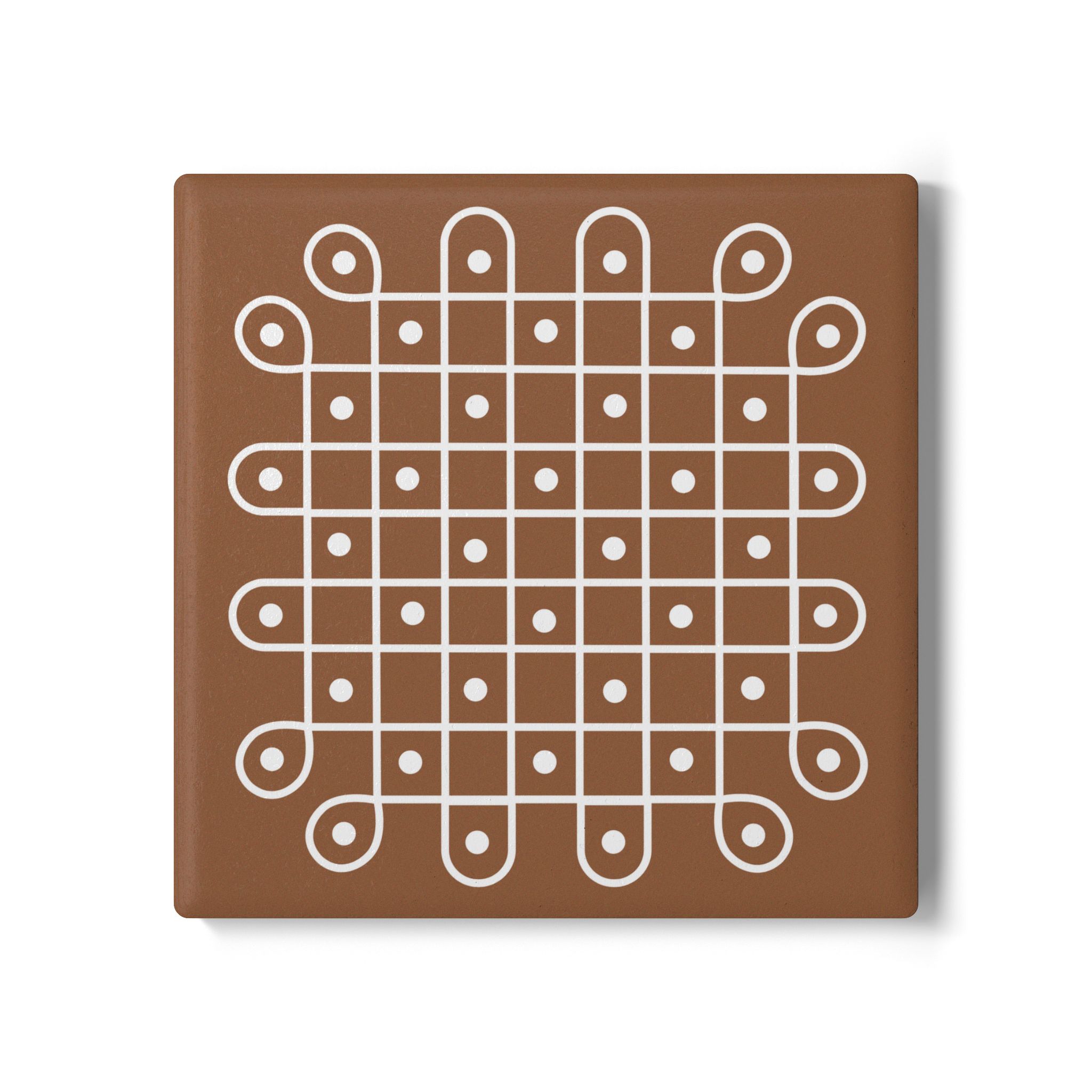 Brown Ceramic Coaster with White Geometric Kolam Design - Image 2