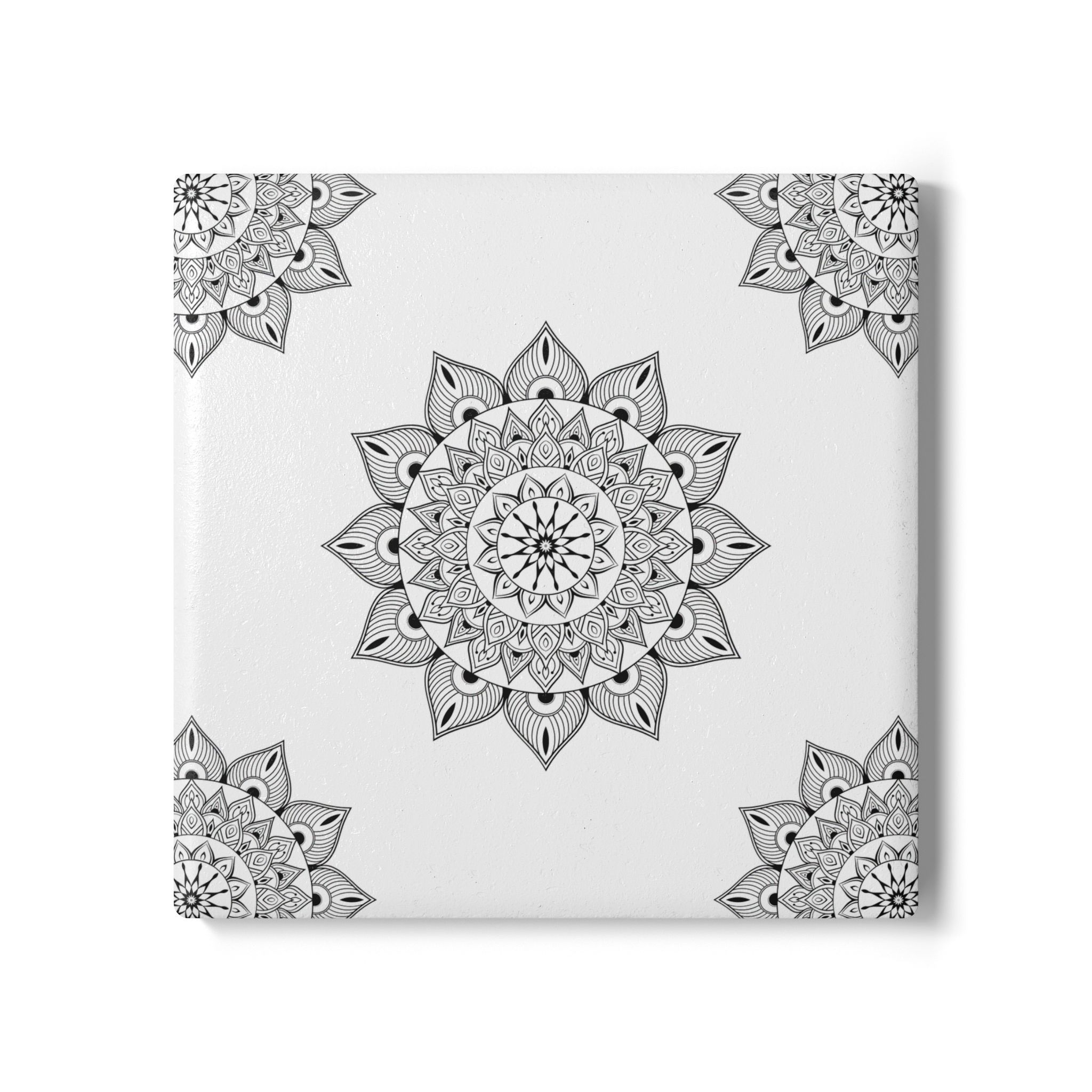 Mandala Ceramic Square Coaster — Black & White Boho Drink Coaster - Image 2