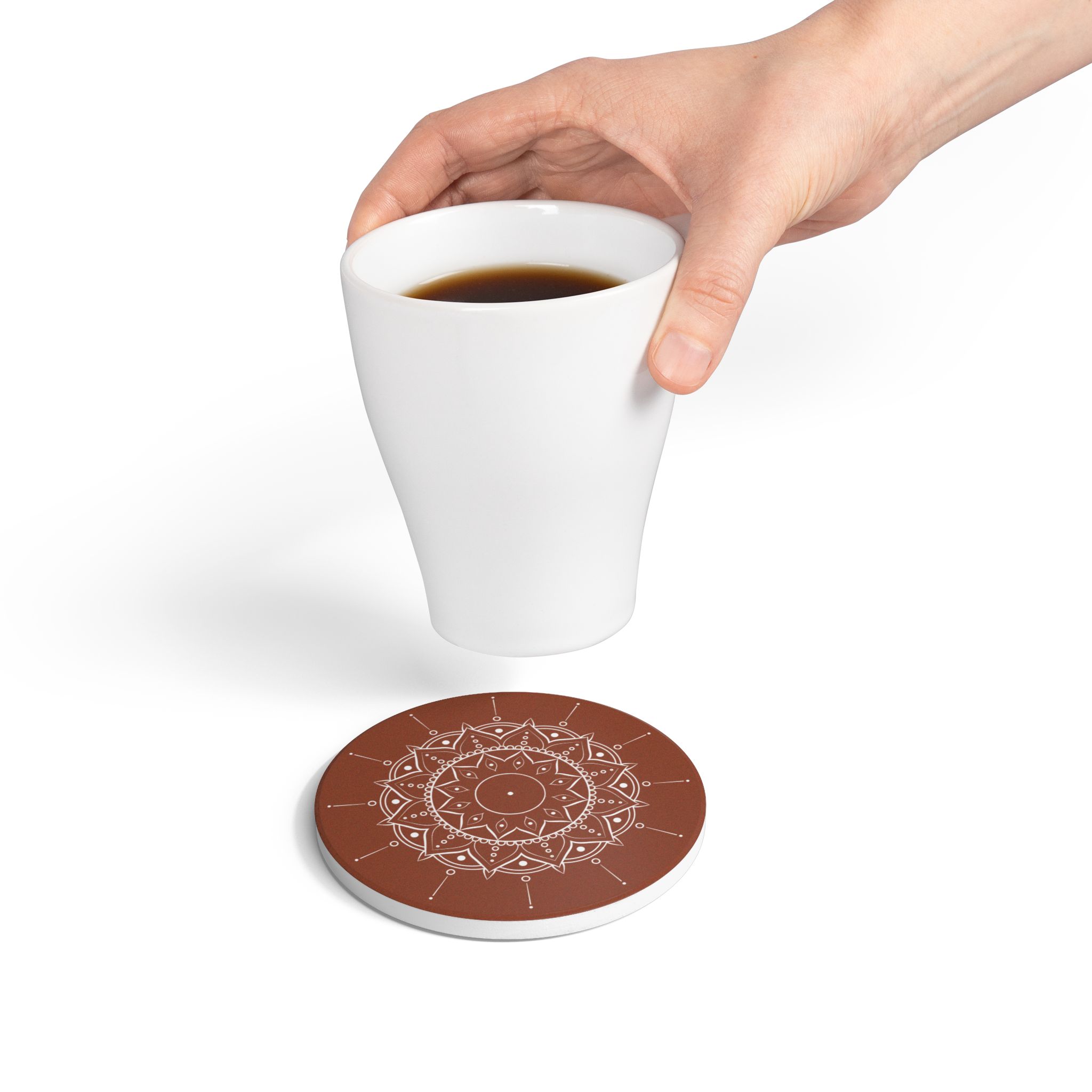 Mandala Ceramic Coaster — Terracotta Boho Drink Coaster with White Geometric Design - Image 4