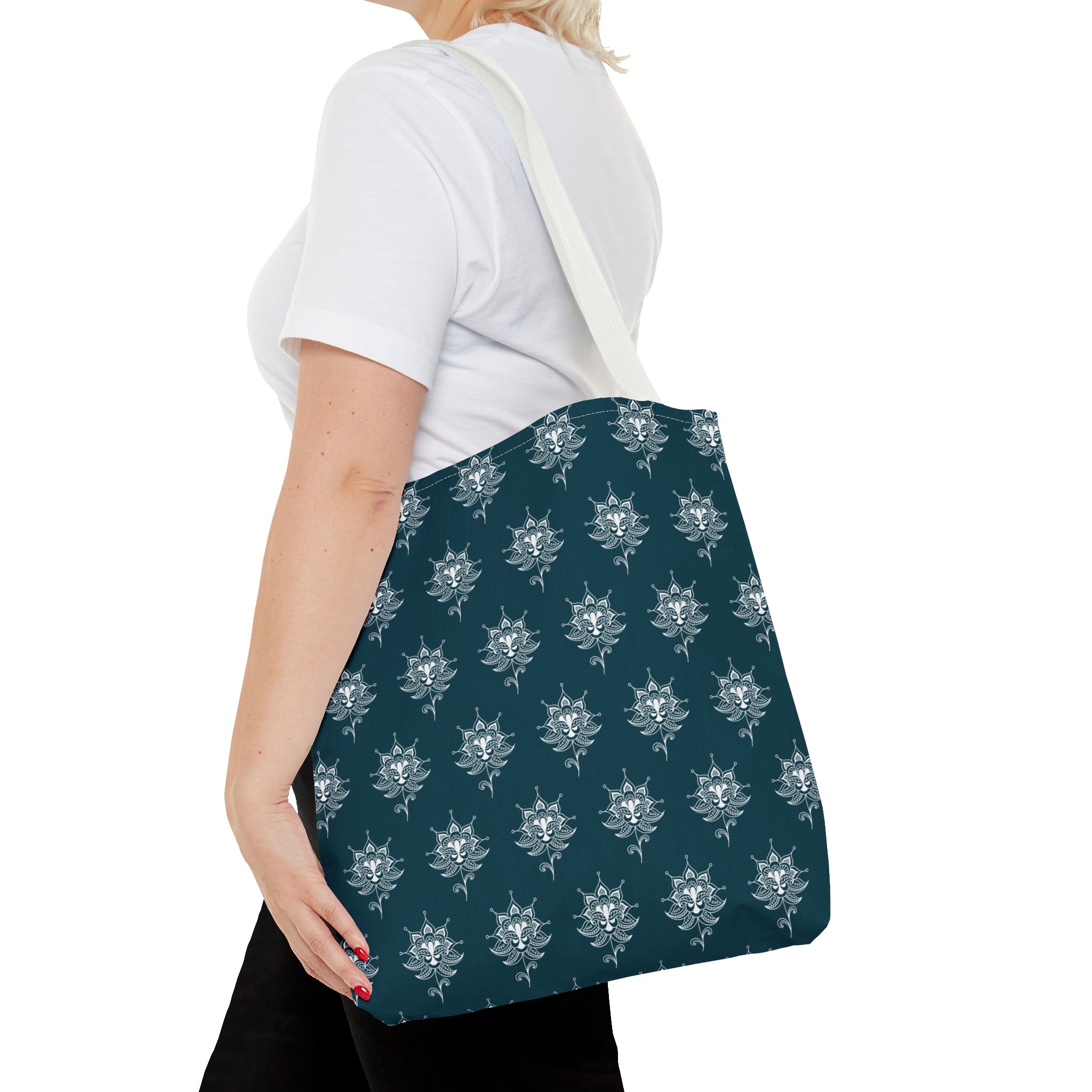Teal Tote Bag — White Paisley Pattern All-Over Print - Image 9