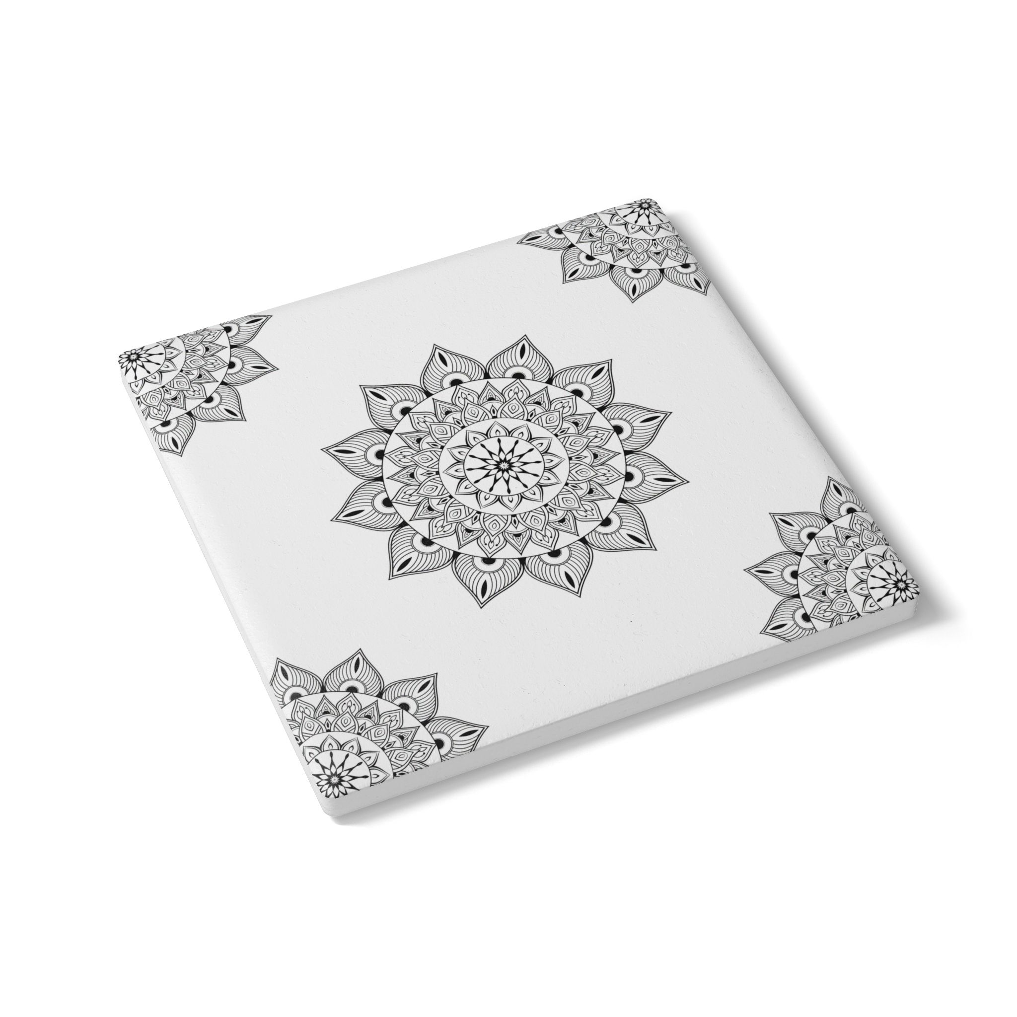 Mandala Ceramic Square Coaster — Black & White Boho Drink Coaster