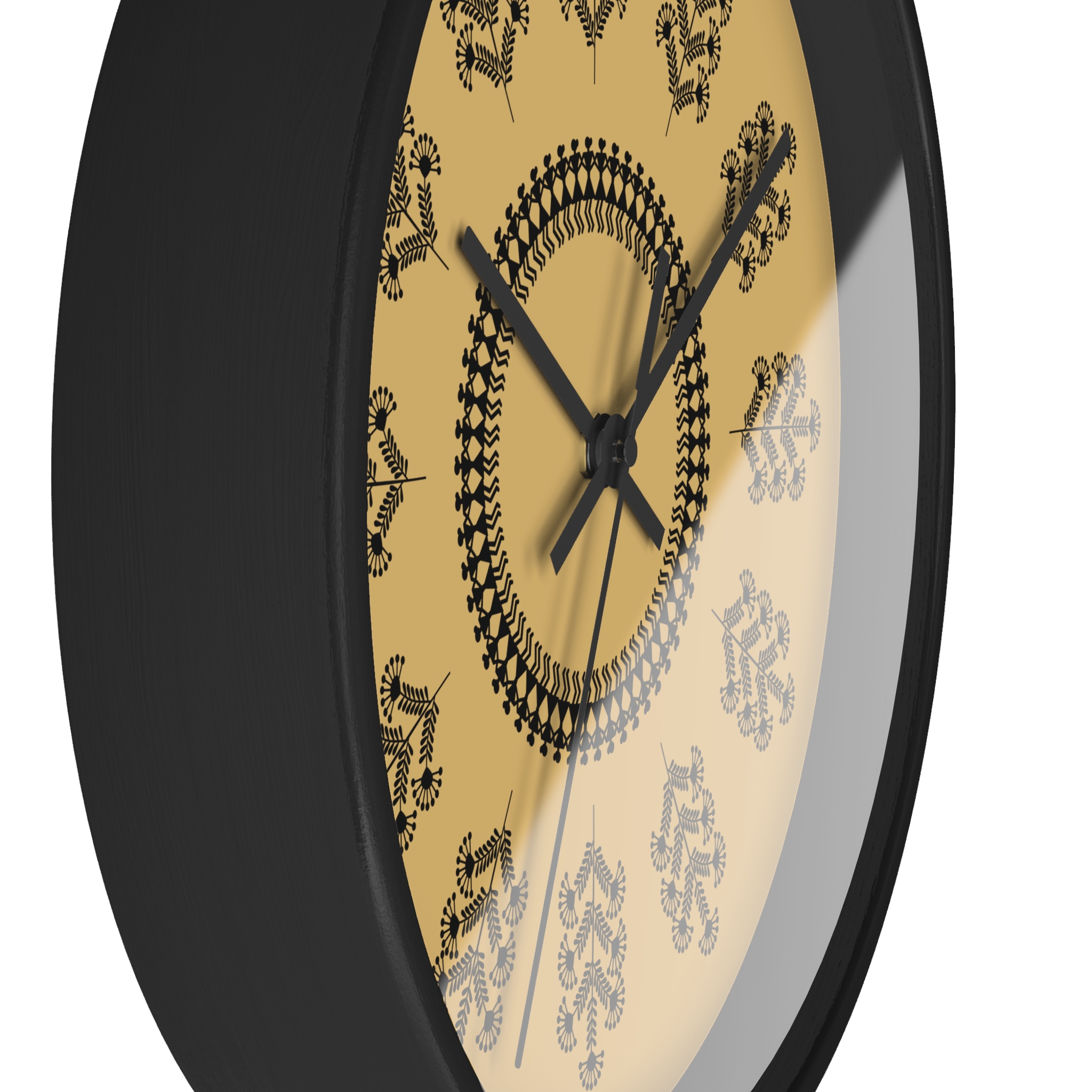 Warli Floral Pattern Wall Clock — Indian Tribal Folk Art Mustard Decorative Clock (10" Diameter) - Image 3