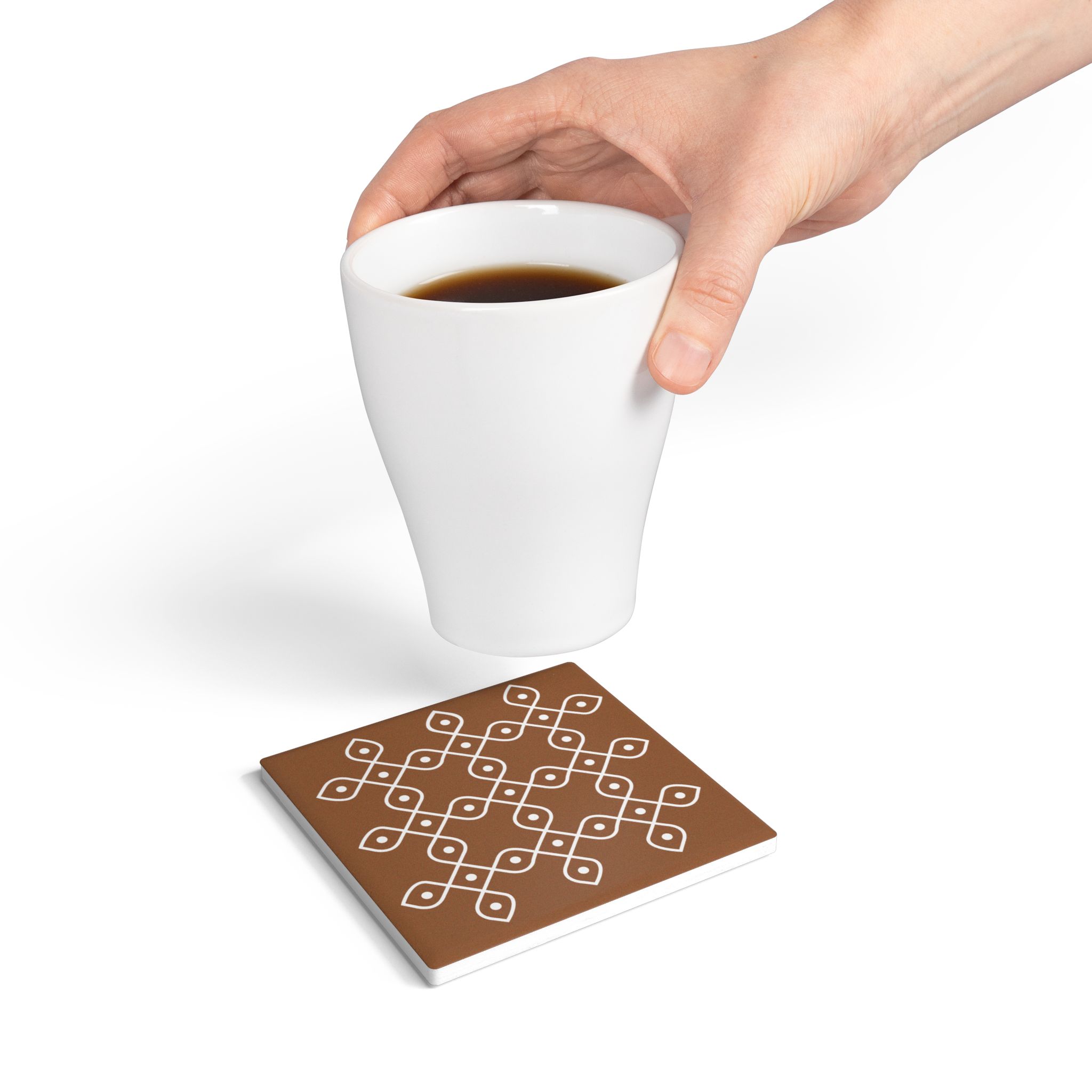 Ceramic Coaster - Brown Geometric Kolam Design | Decorative Drink Coaster - Image 4