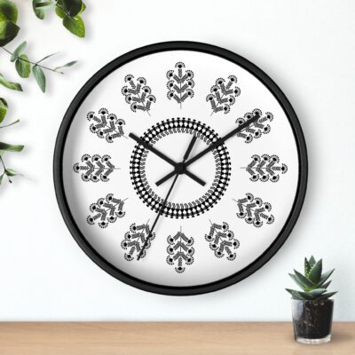 Warli Folk Art 10" Wall Clock — Black & White Floral Pattern