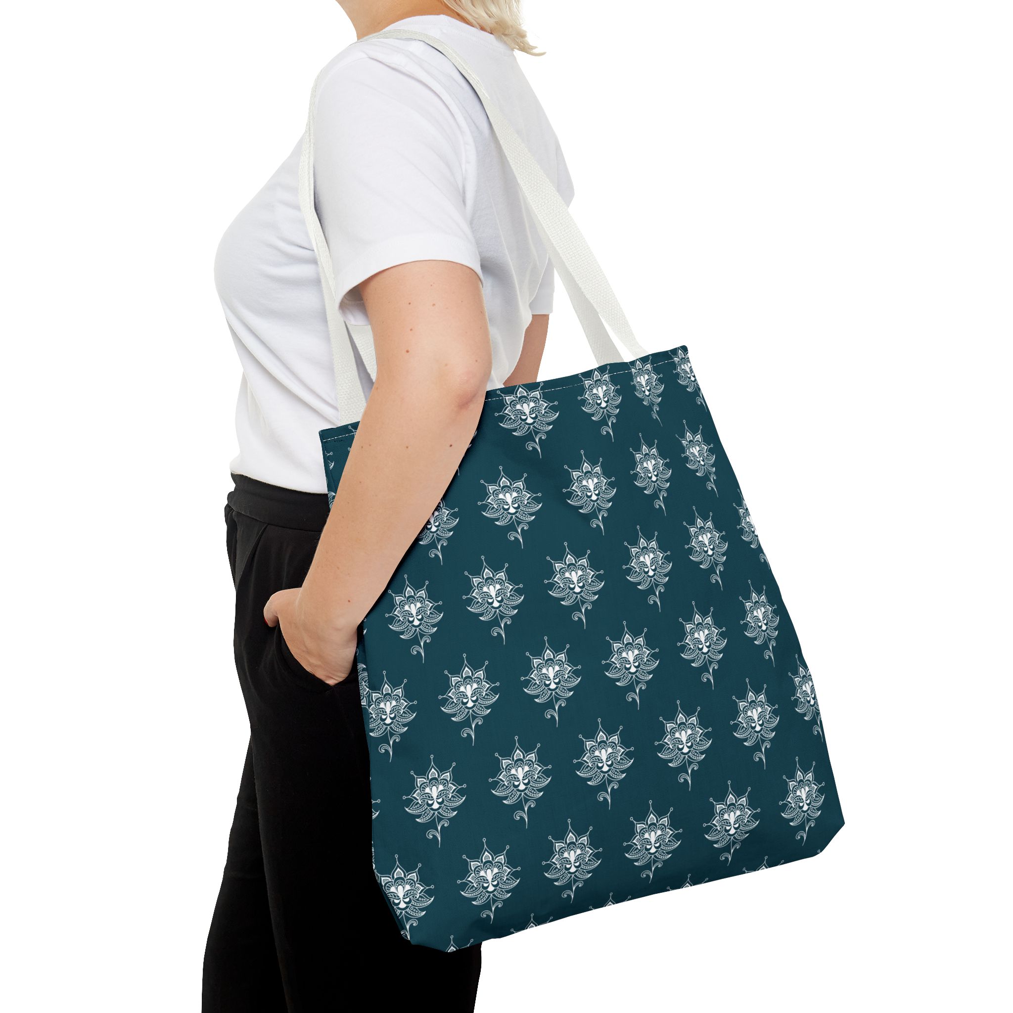 Teal Tote Bag — White Paisley Pattern All-Over Print - Image 13