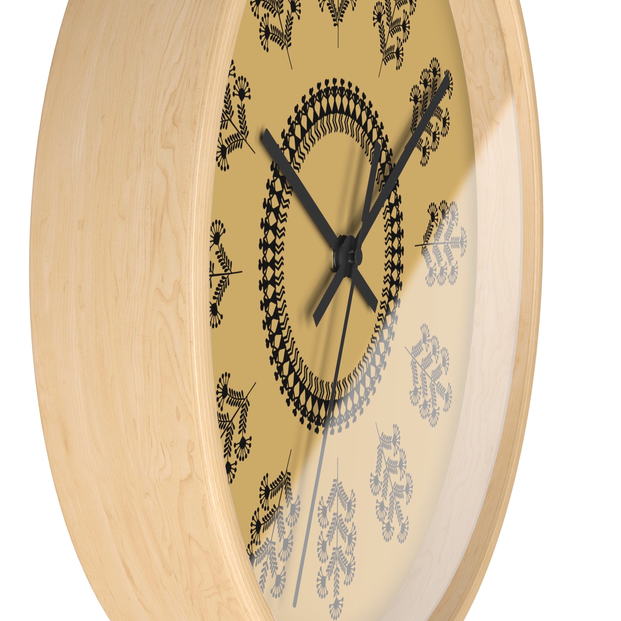 Warli Floral Pattern Wall Clock — Indian Tribal Folk Art Mustard Decorative Clock (10" Diameter) - Image 5