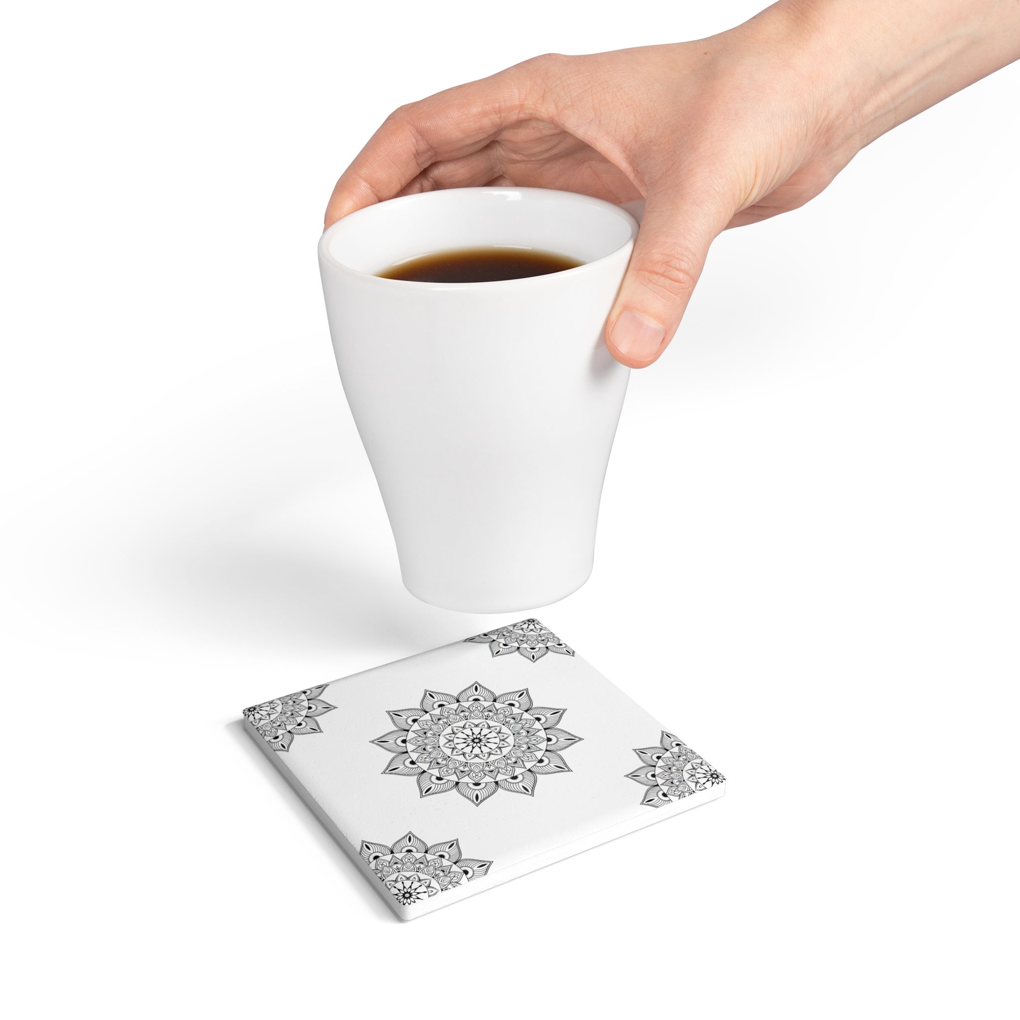 Mandala Ceramic Square Coaster — Black & White Boho Drink Coaster - Image 4