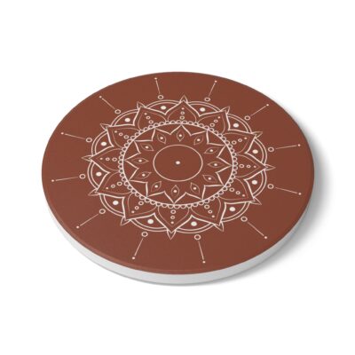 Mandala Ceramic Coaster — Terracotta Boho Drink Coaster with White Geometric Design