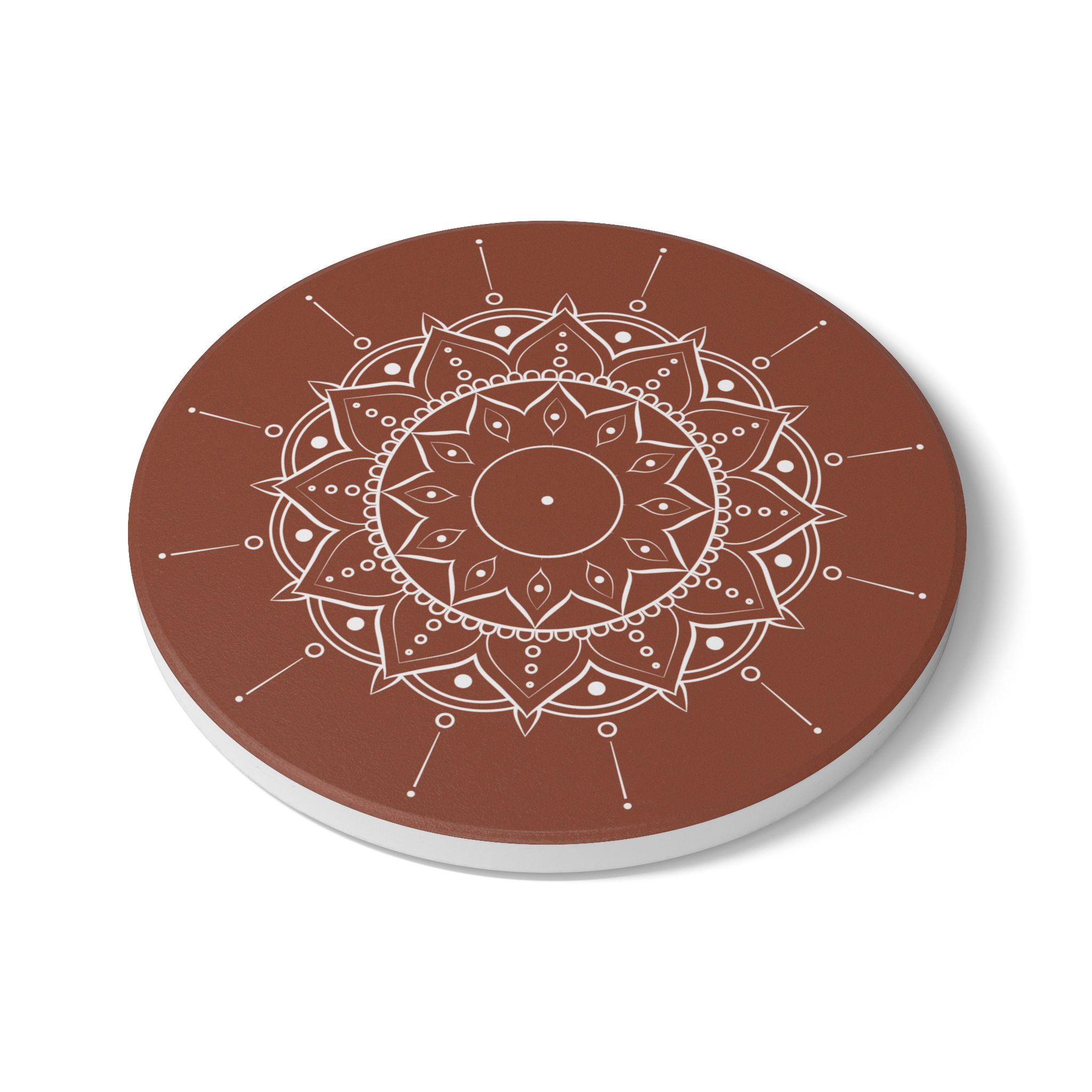 Mandala Ceramic Coaster — Terracotta Boho Drink Coaster with White Geometric Design