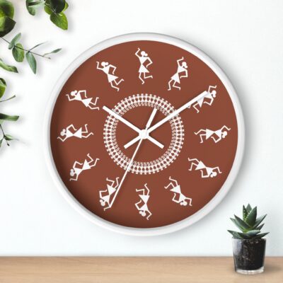 Warli Clock on Terracotta Background — Rustic Indian Rhythm Decor (10" Diameter)