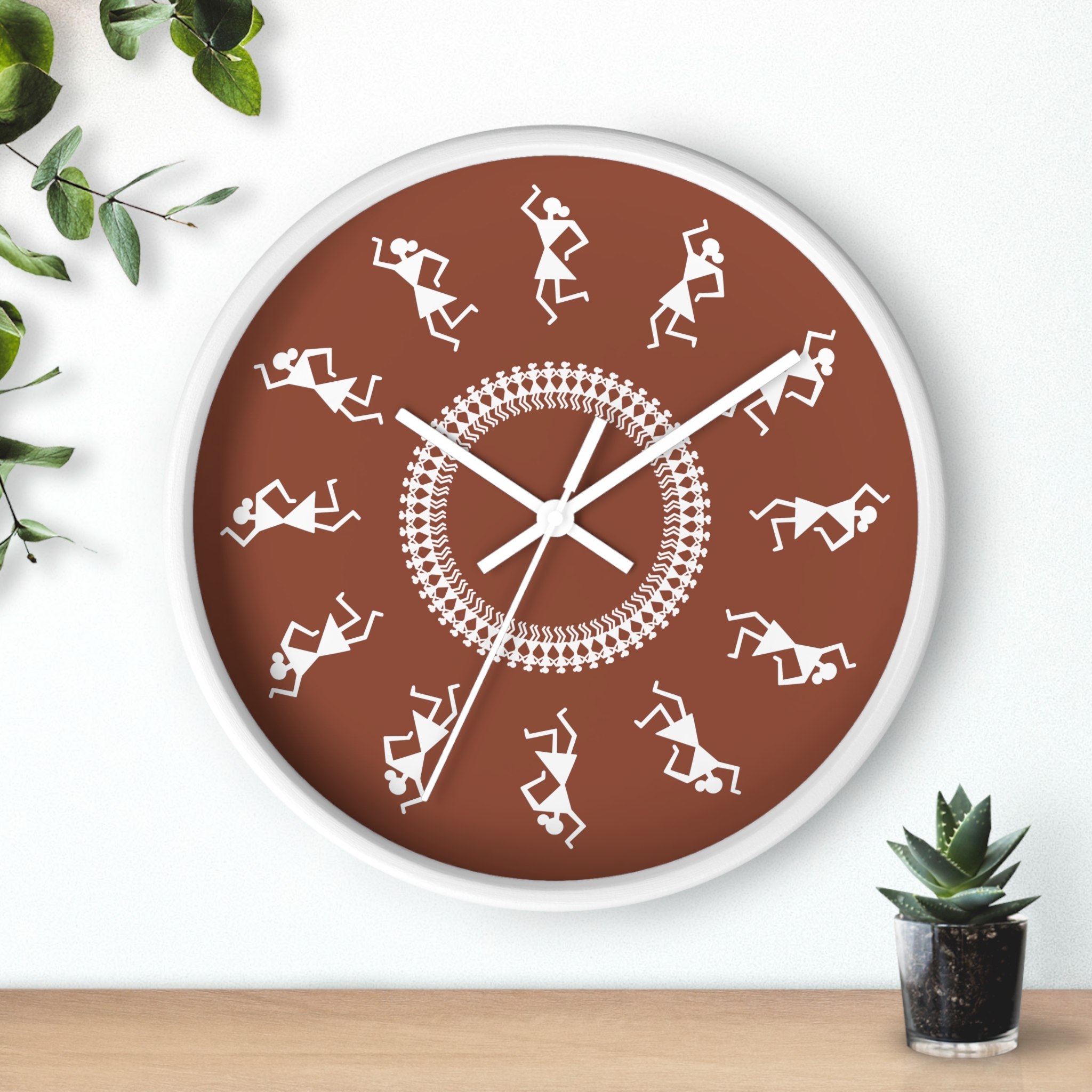 Warli Clock on Terracotta Background — Rustic Indian Rhythm Decor (10" Diameter)