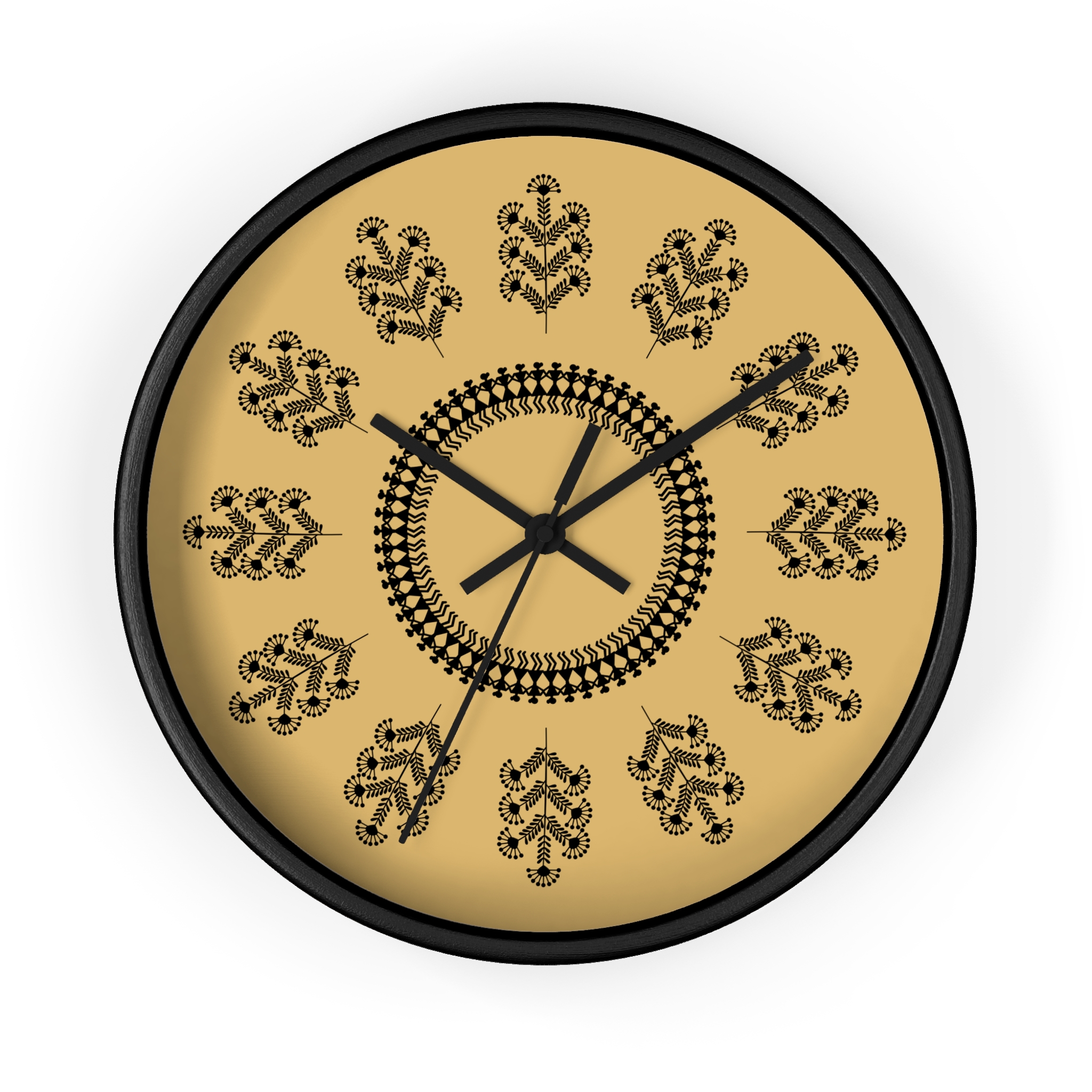 Warli Floral Pattern Wall Clock — Indian Tribal Folk Art Mustard Decorative Clock (10" Diameter) - Image 2