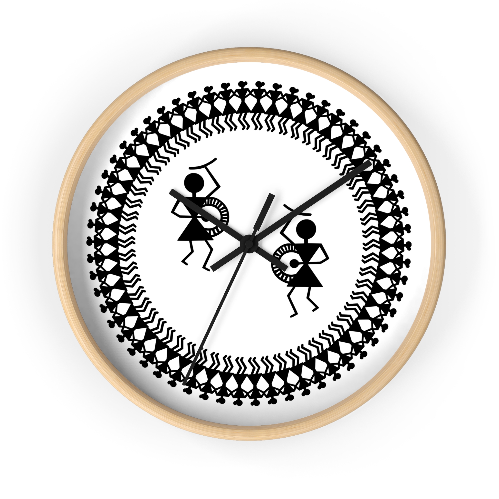 Warli Indian Folk Art 10 inch Wall Clock — Black & White Tribal Dance - Image 2