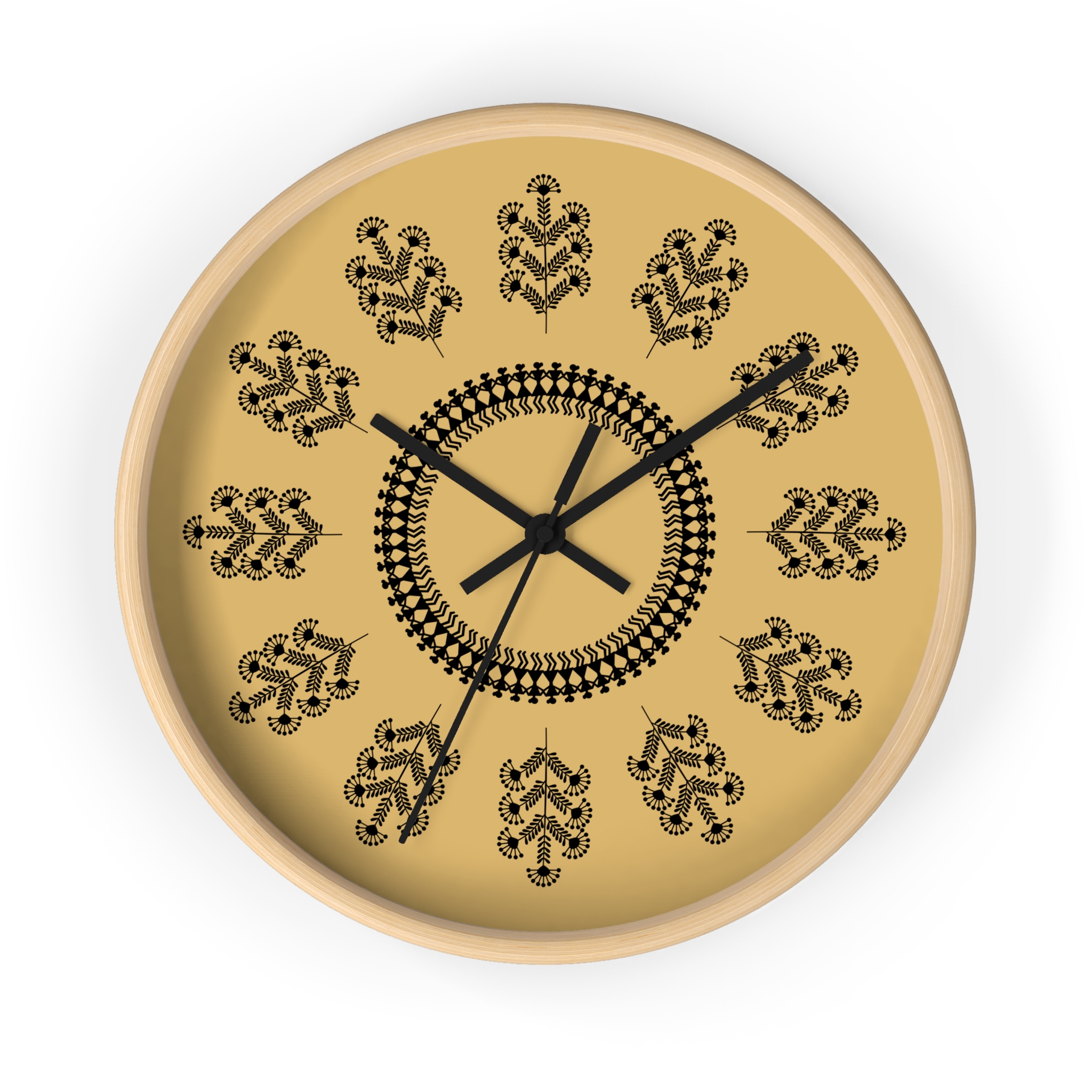 Warli Floral Pattern Wall Clock — Indian Tribal Folk Art Mustard Decorative Clock (10" Diameter) - Image 4