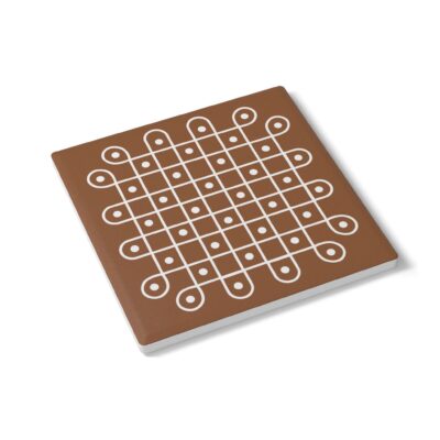 Brown Ceramic Coaster with White Geometric Kolam Design