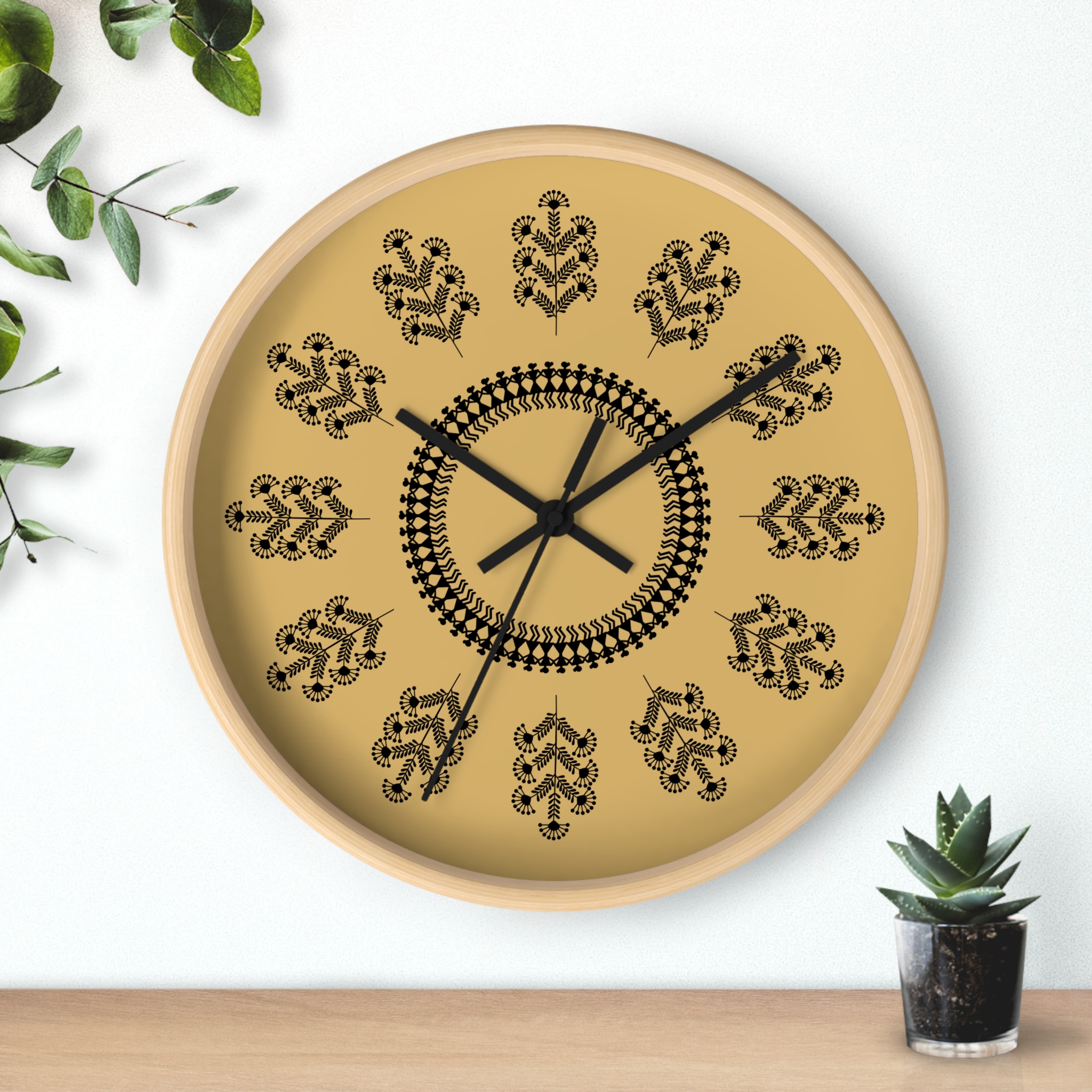 Warli Floral Pattern Wall Clock — Indian Tribal Folk Art Mustard Decorative Clock (10" Diameter) - Image 6