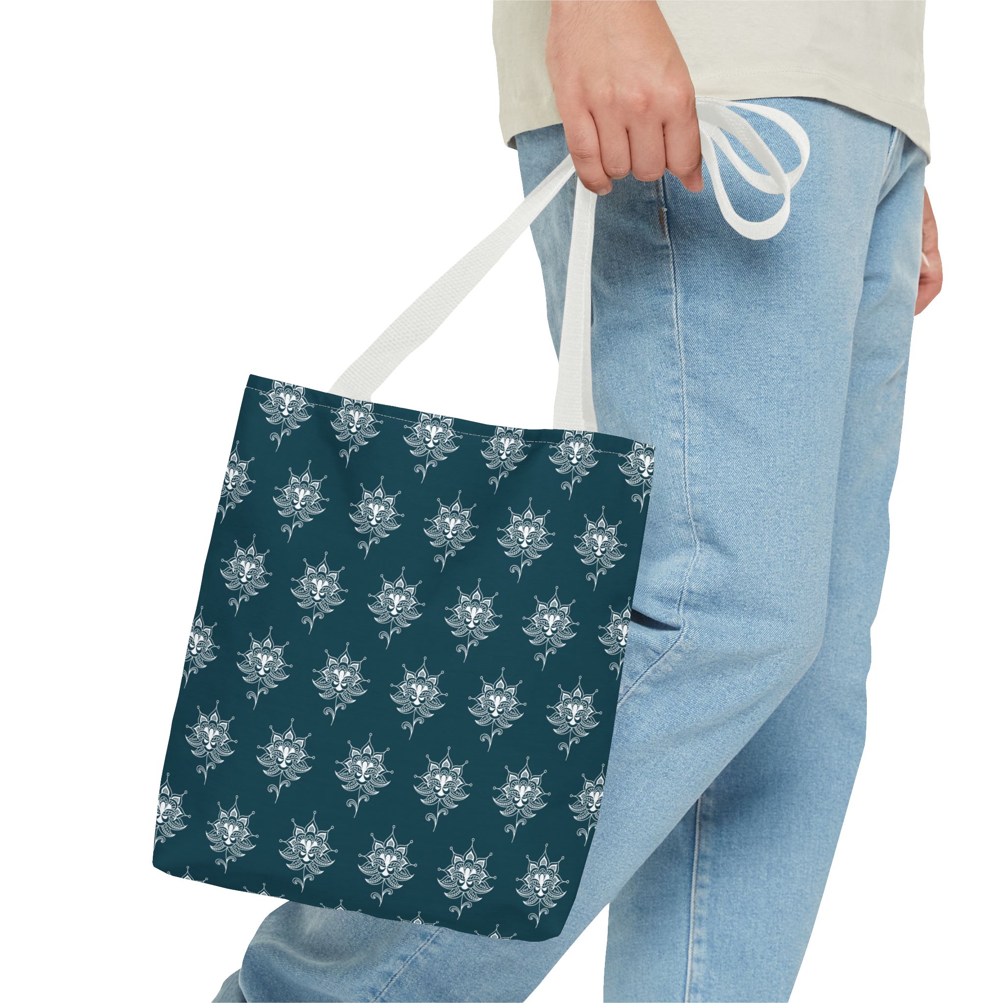 Teal Tote Bag — White Paisley Pattern All-Over Print - Image 4