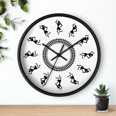 Warli Wall Clock on Terracotta Background — Rustic Indian Rhythm Decor (10″ Diameter)