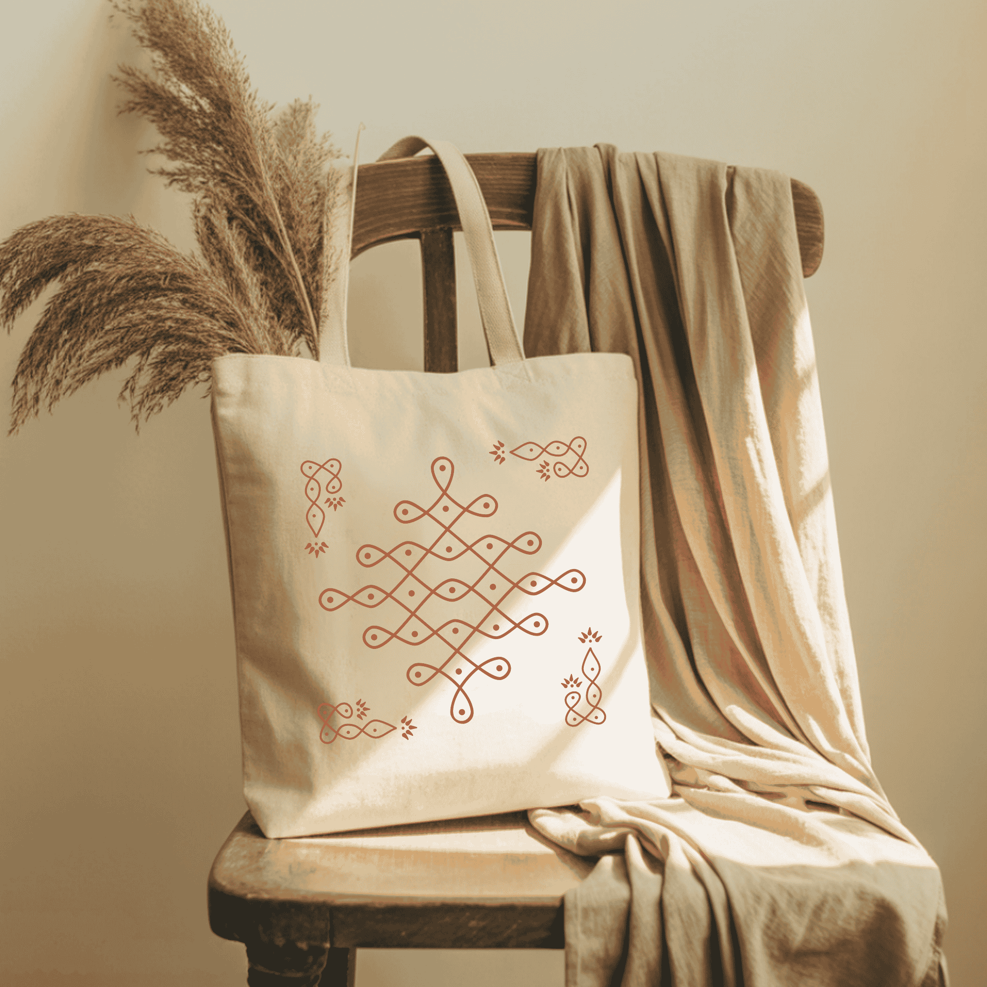 Cotton Tote Bag - Minimal Geometric Kolam Design Eco Tote