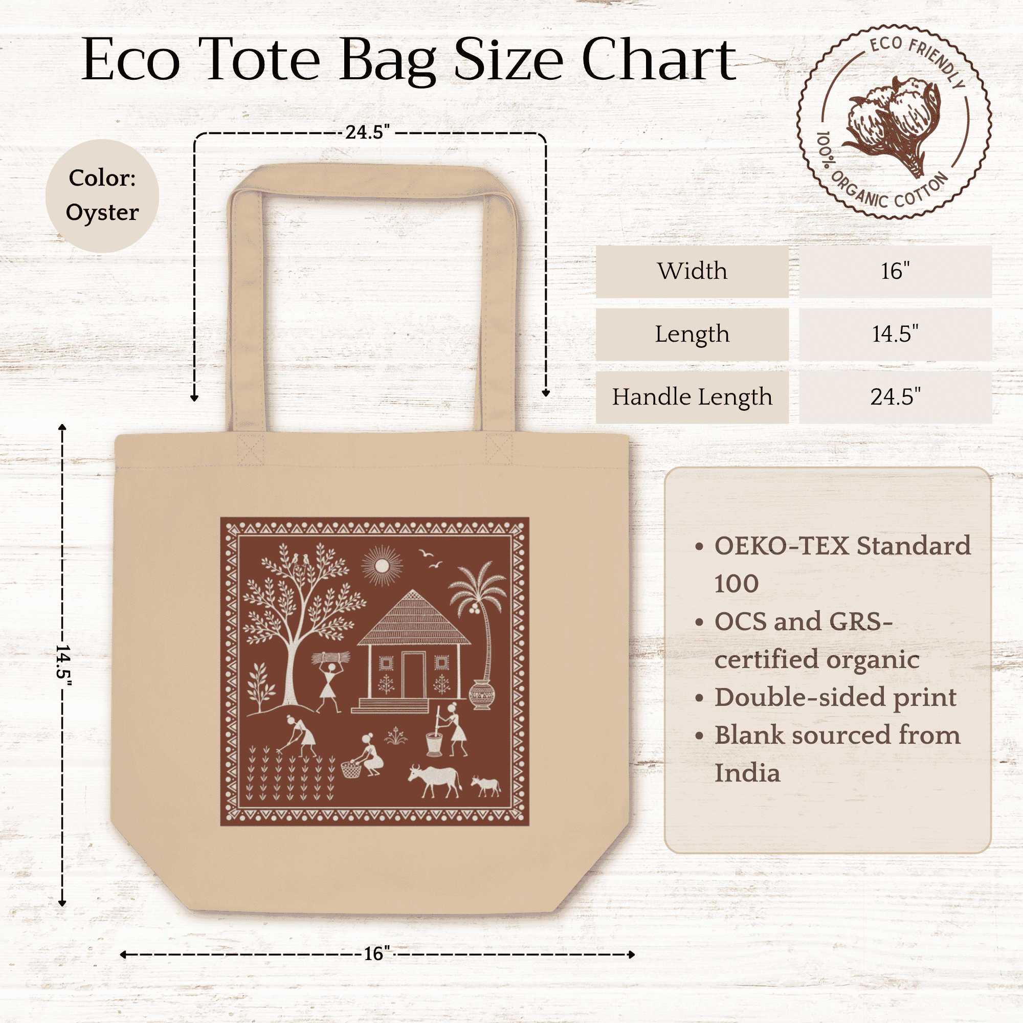Eco-Friendly Organic Cotton Tote Bag – Warli Folk Art Village Scene | Indian Tribal Art Tote - Image 5