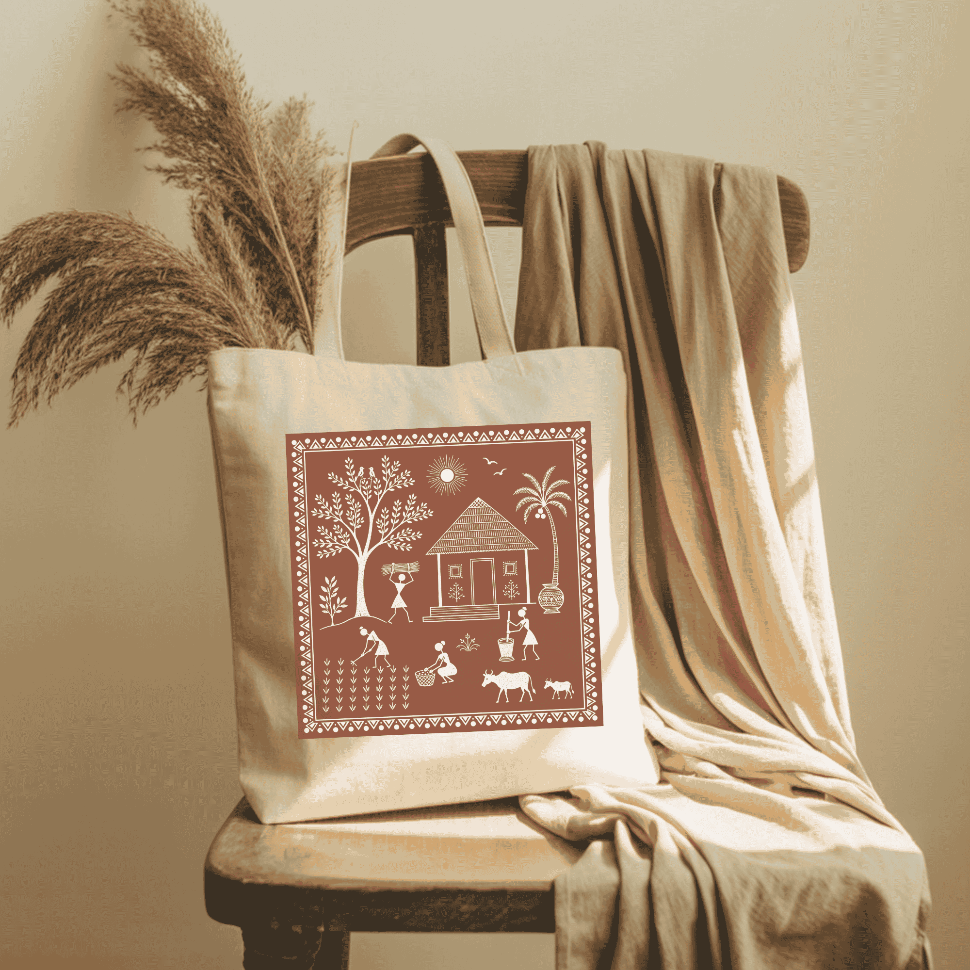 Eco-Friendly Organic Cotton Tote Bag – Warli Folk Art Village Scene | Indian Tribal Art Tote - Image 4
