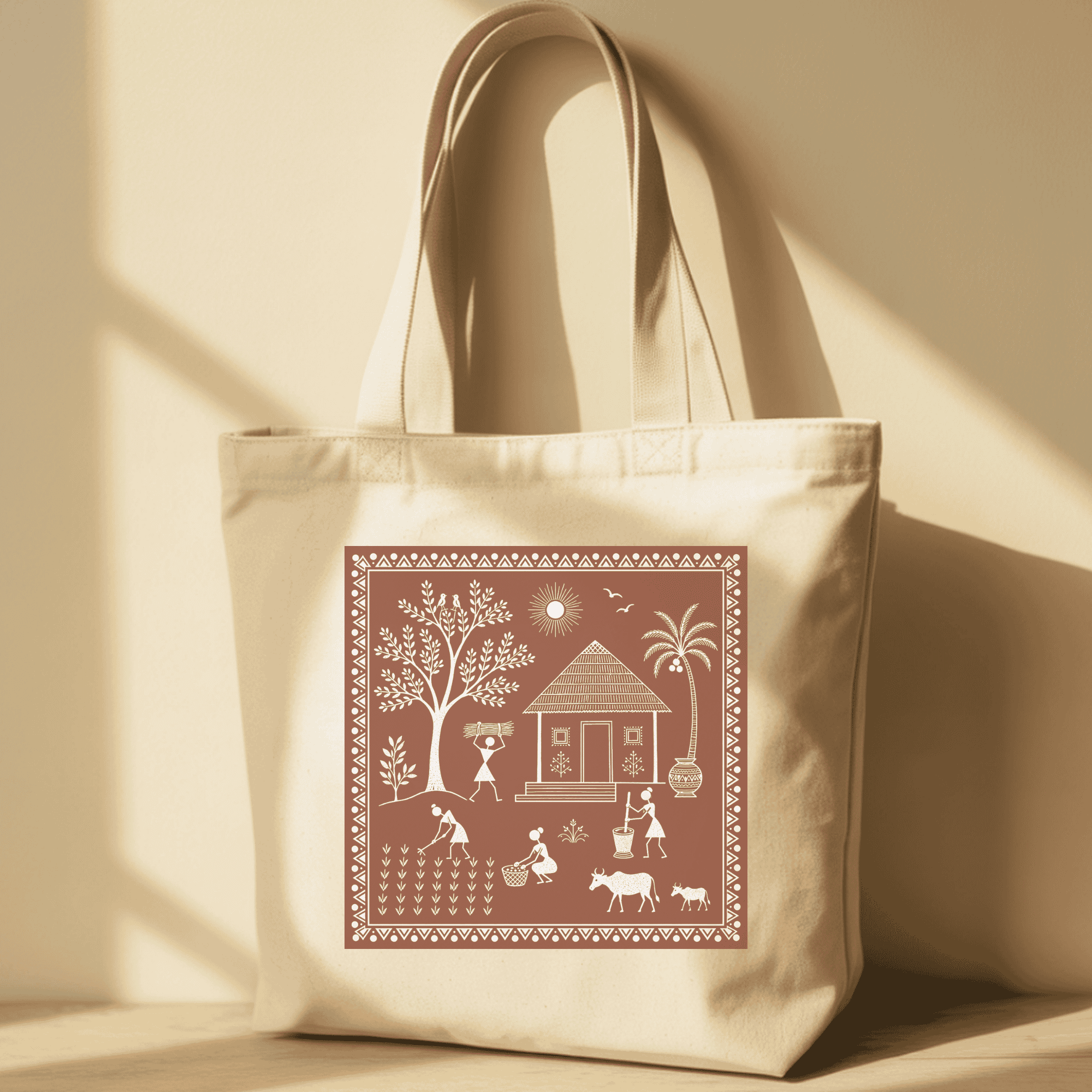 Eco-Friendly Organic Cotton Tote Bag – Warli Folk Art Village Scene | Indian Tribal Art Tote - Image 3