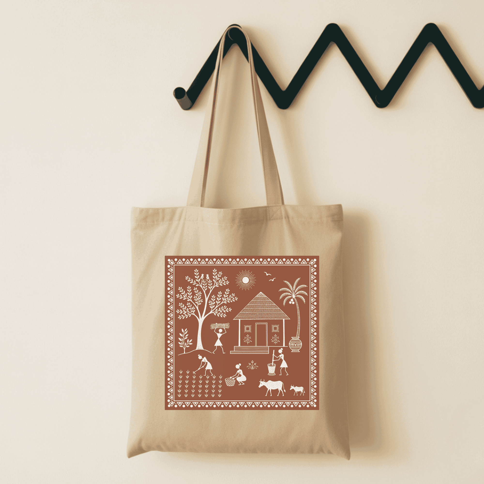 Eco-Friendly Organic Cotton Tote Bag – Warli Folk Art Village Scene | Indian Tribal Art Tote - Image 2