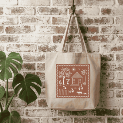 Eco-Friendly Organic Cotton Tote Bag – Warli Folk Art Village Scene | Indian Tribal Art Tote