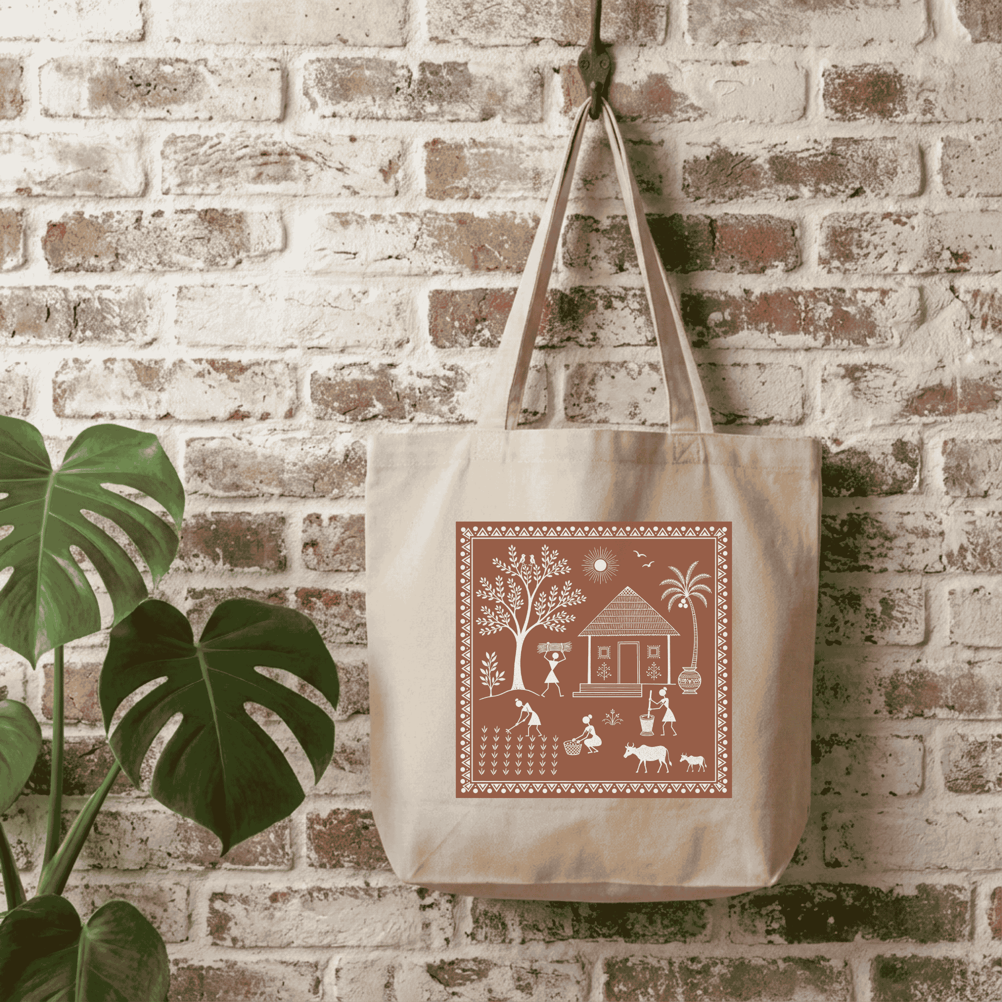Eco-Friendly Organic Cotton Tote Bag – Warli Folk Art Village Scene | Indian Tribal Art Tote