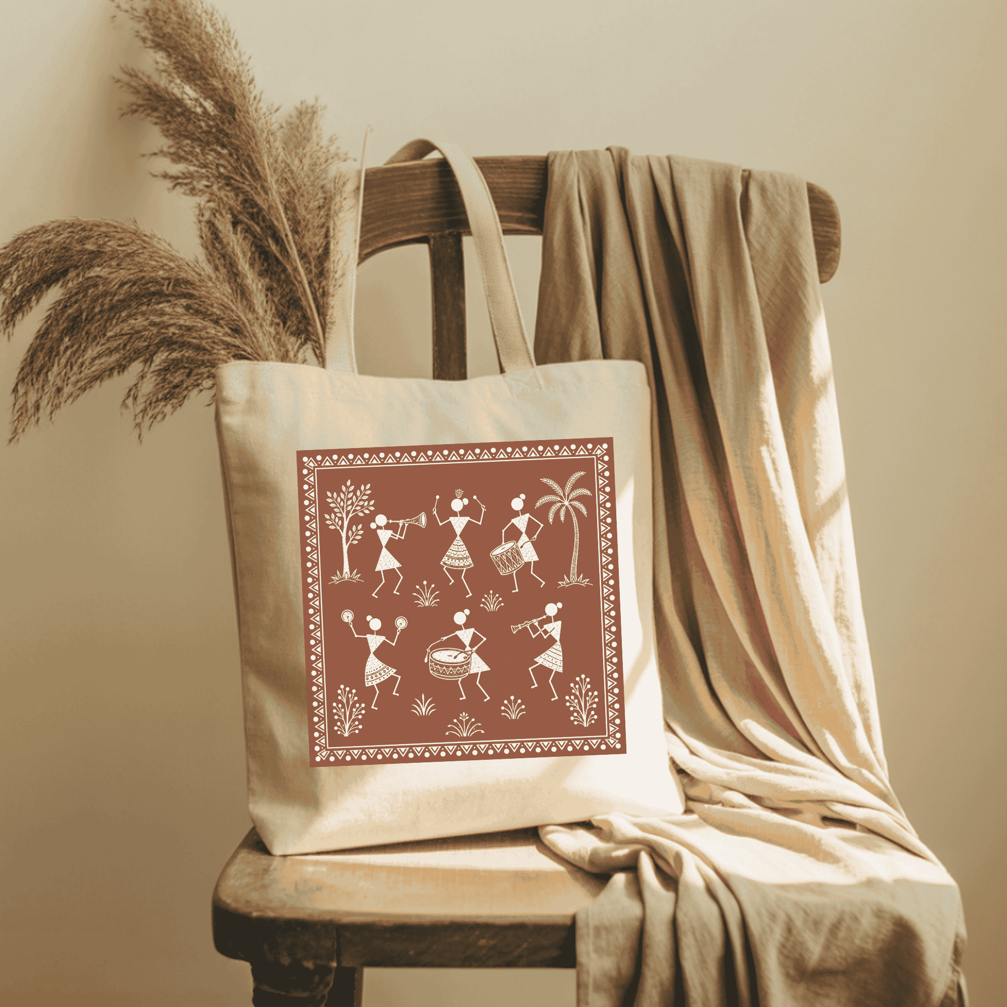 100% Cotton Tote Bag, Eco-Friendly Organic – Warli Dancers | Indian Tribal Art - Image 4