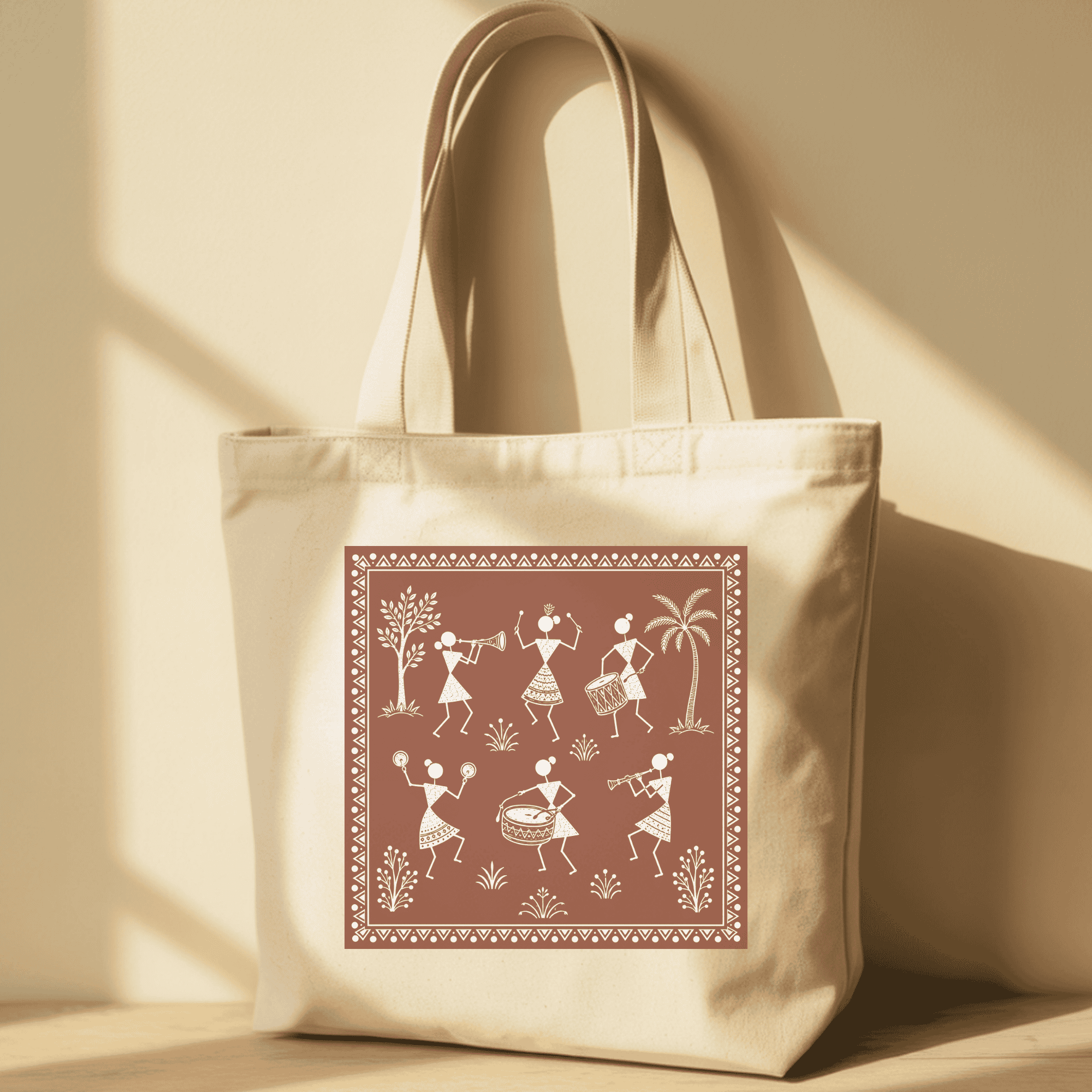 100% Cotton Tote Bag, Eco-Friendly Organic – Warli Dancers | Indian Tribal Art - Image 3