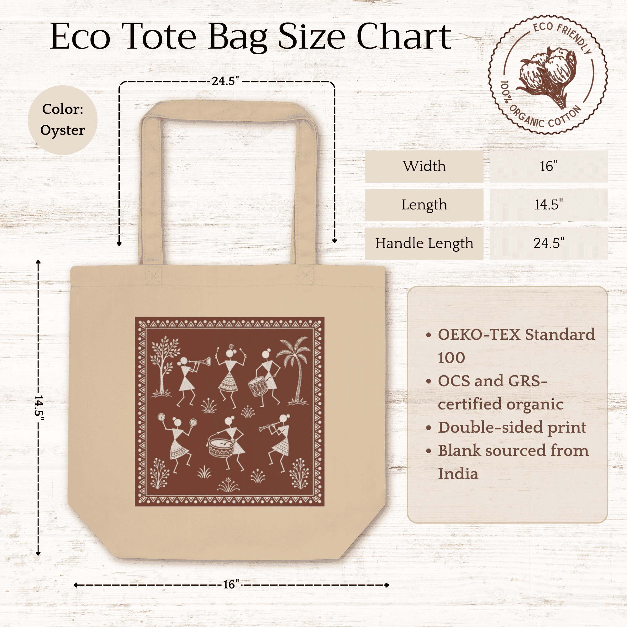 100% Cotton Tote Bag, Eco-Friendly Organic – Warli Dancers | Indian Tribal Art - Image 2