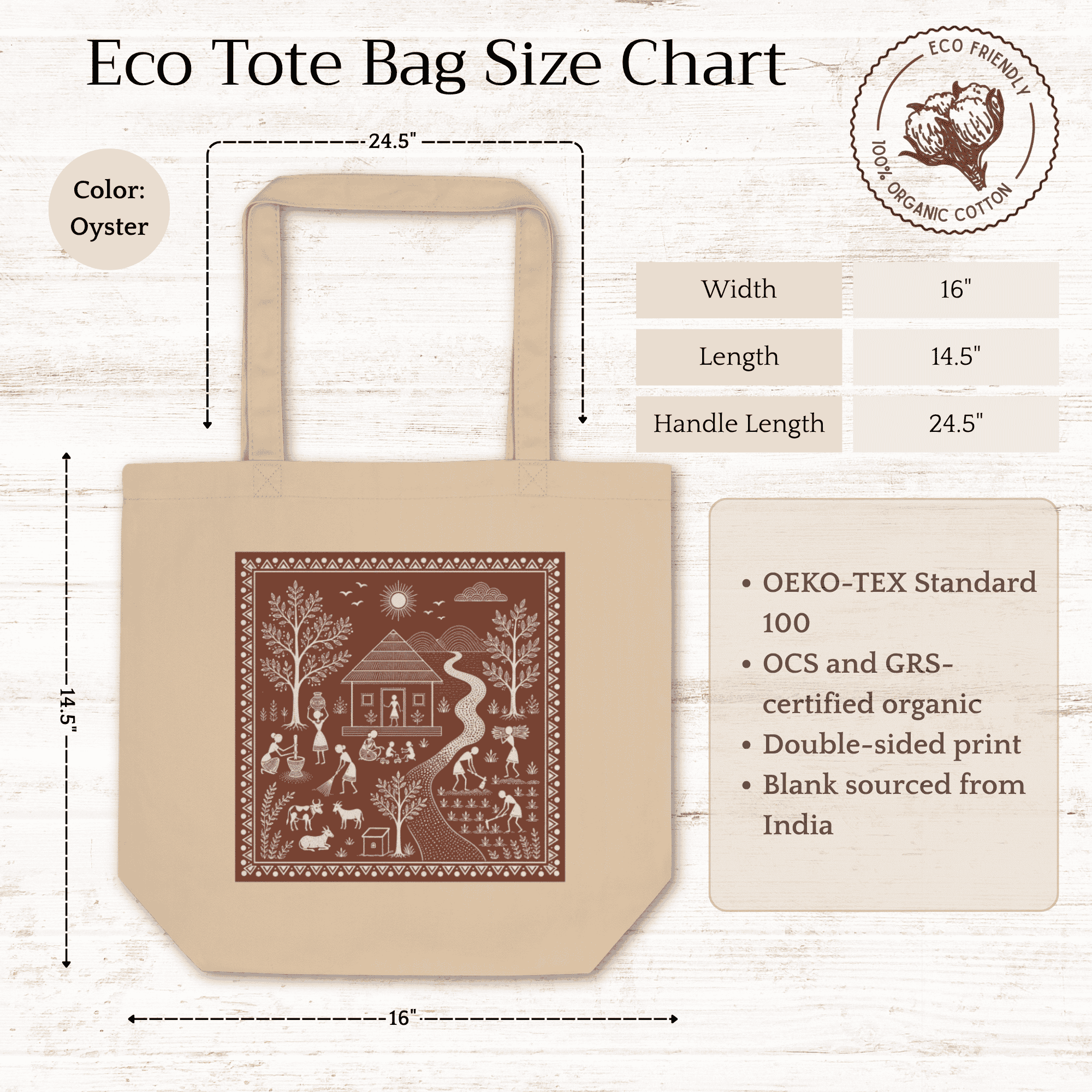 Eco-Friendly Organic Cotton Tote Bag – Warli Village River Scene | Indian Folk Art Tote - Image 2