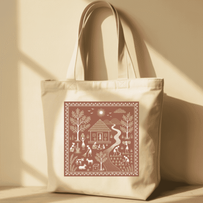 Eco-Friendly Organic Cotton Tote Bag – Warli Village River Scene | Indian Folk Art Tote