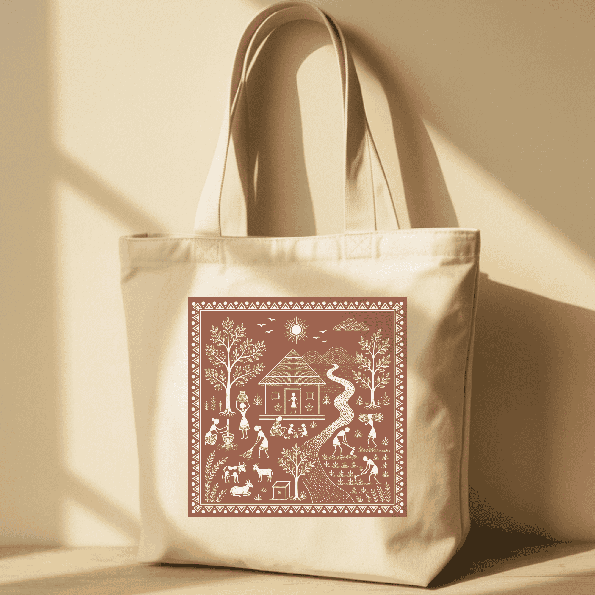 Eco-Friendly Organic Cotton Tote Bag – Warli Village River Scene | Indian Folk Art Tote