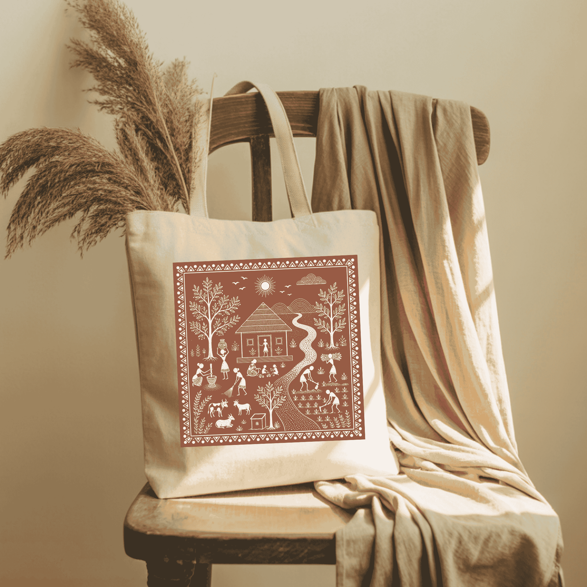 Eco-Friendly Organic Cotton Tote Bag – Warli Village River Scene | Indian Folk Art Tote - Image 4