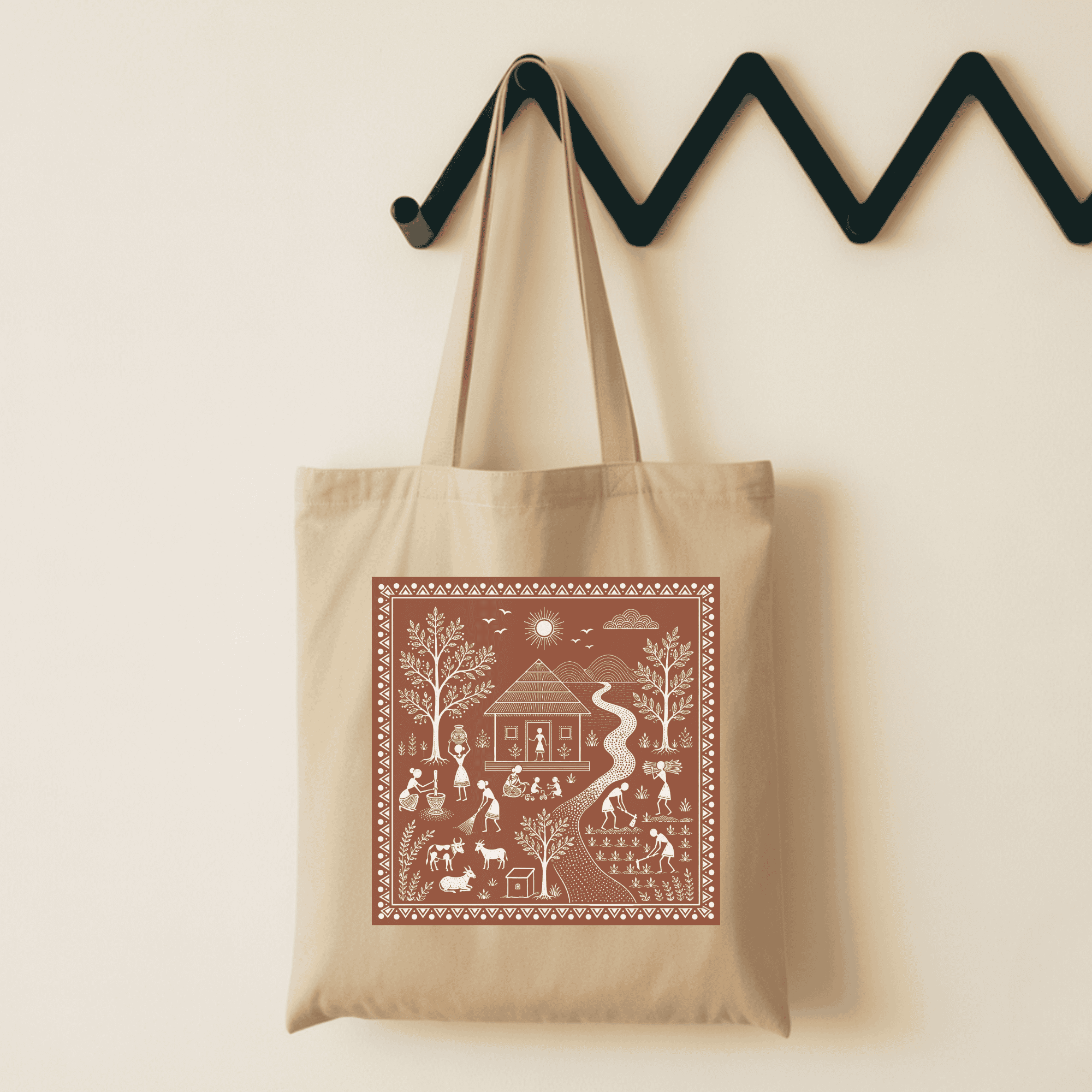 Eco-Friendly Organic Cotton Tote Bag – Warli Village River Scene | Indian Folk Art Tote - Image 3