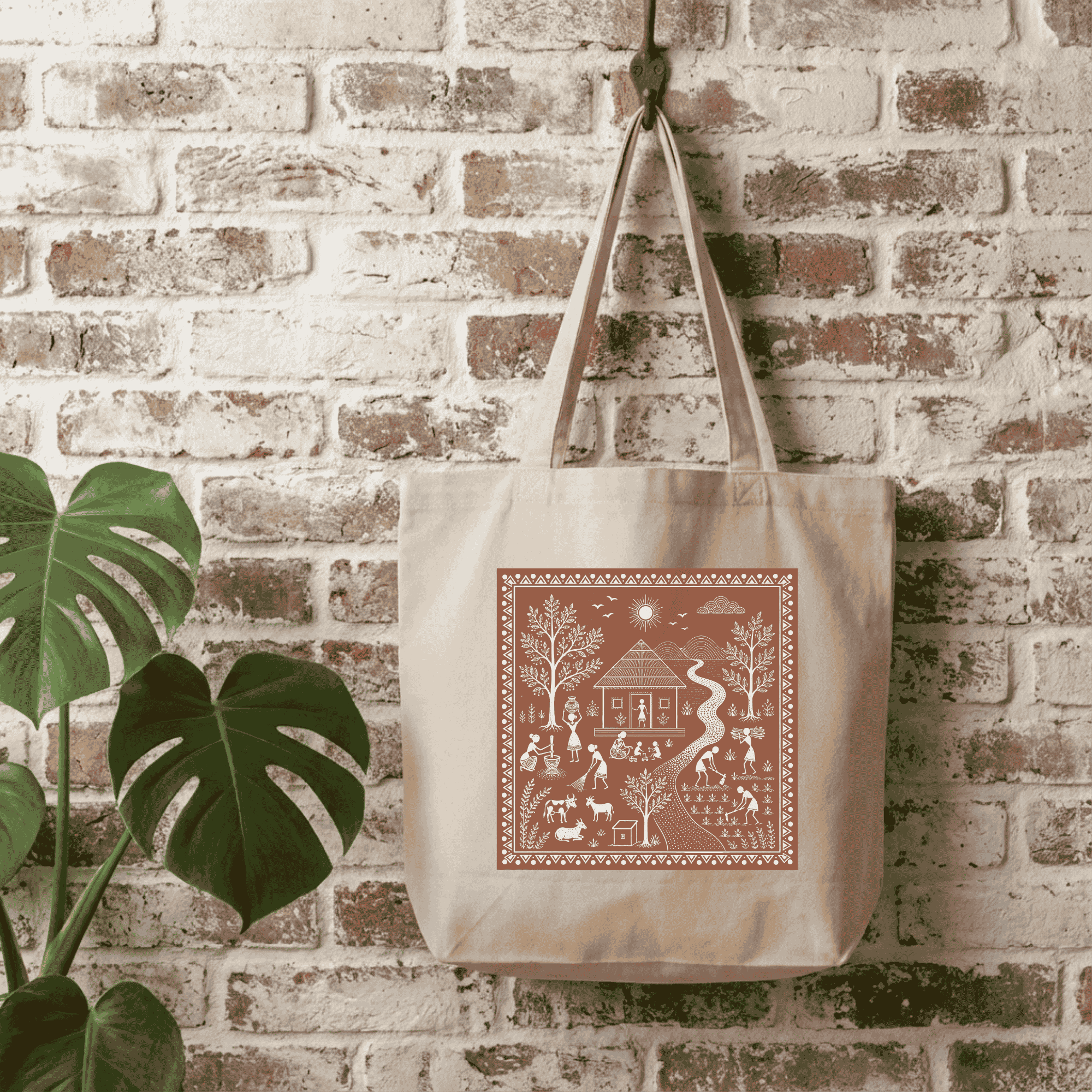 Eco-Friendly Organic Cotton Tote Bag – Warli Village River Scene | Indian Folk Art Tote - Image 5