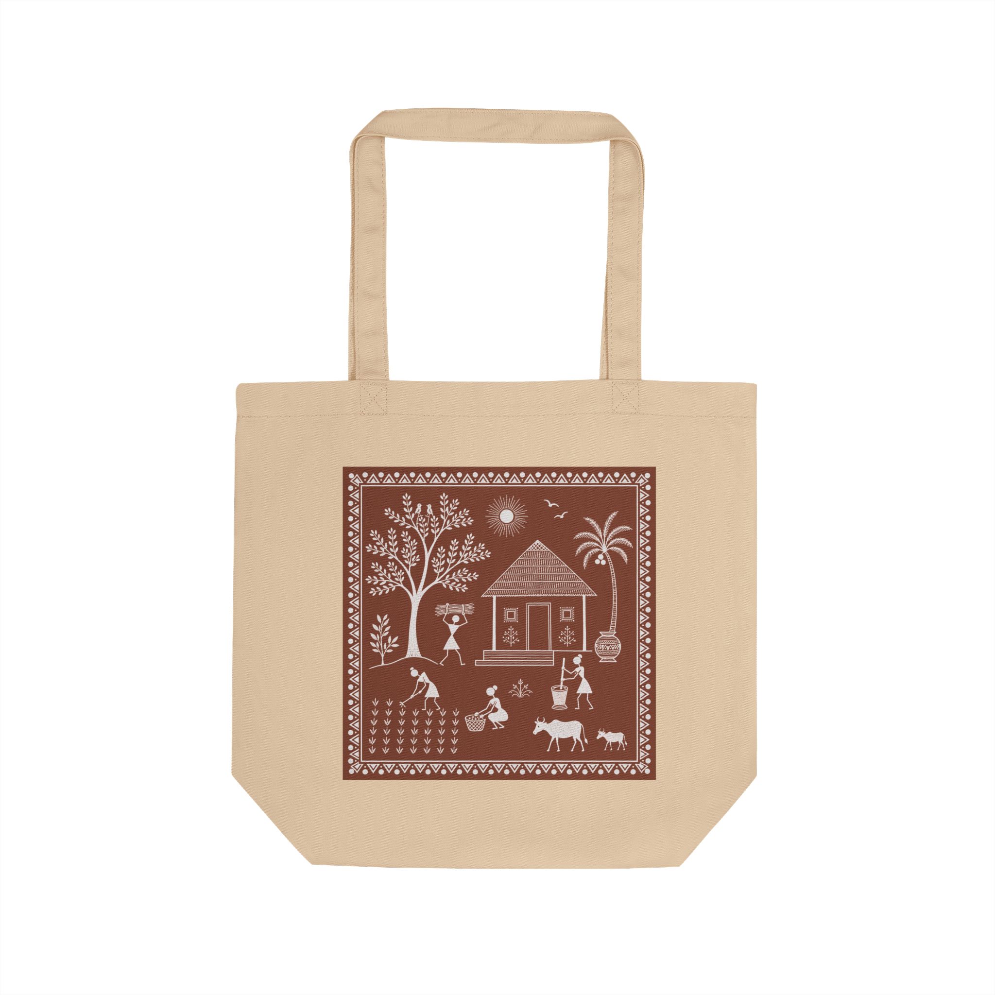 Eco-Friendly Organic Cotton Tote Bag – Warli Folk Art Village Scene | Indian Tribal Art Tote - Image 6